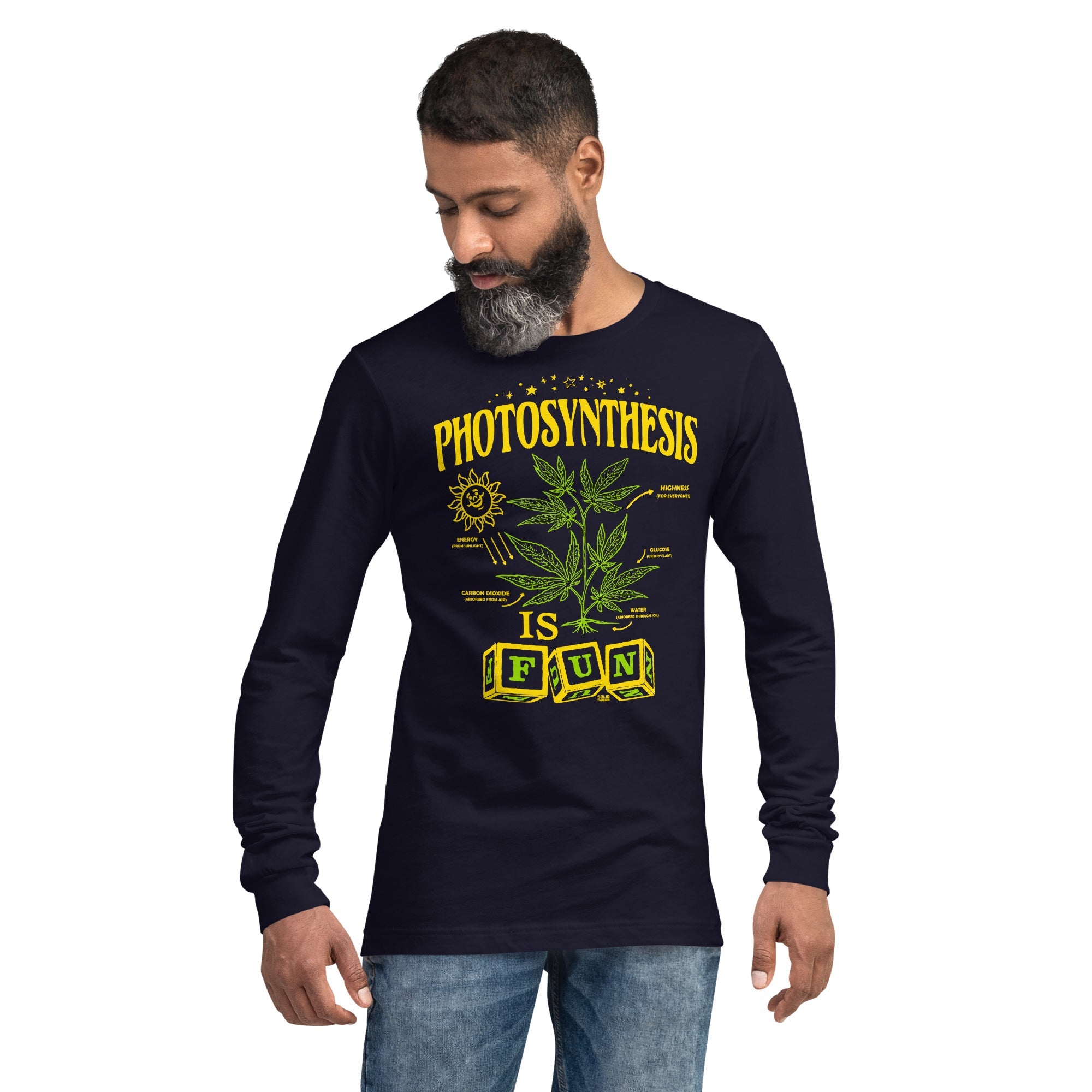 Photosynthesis is Fun Vintage Long Sleeve Tee | Funny Marijuana Navy T Shirt on Model | SOLID THREADS