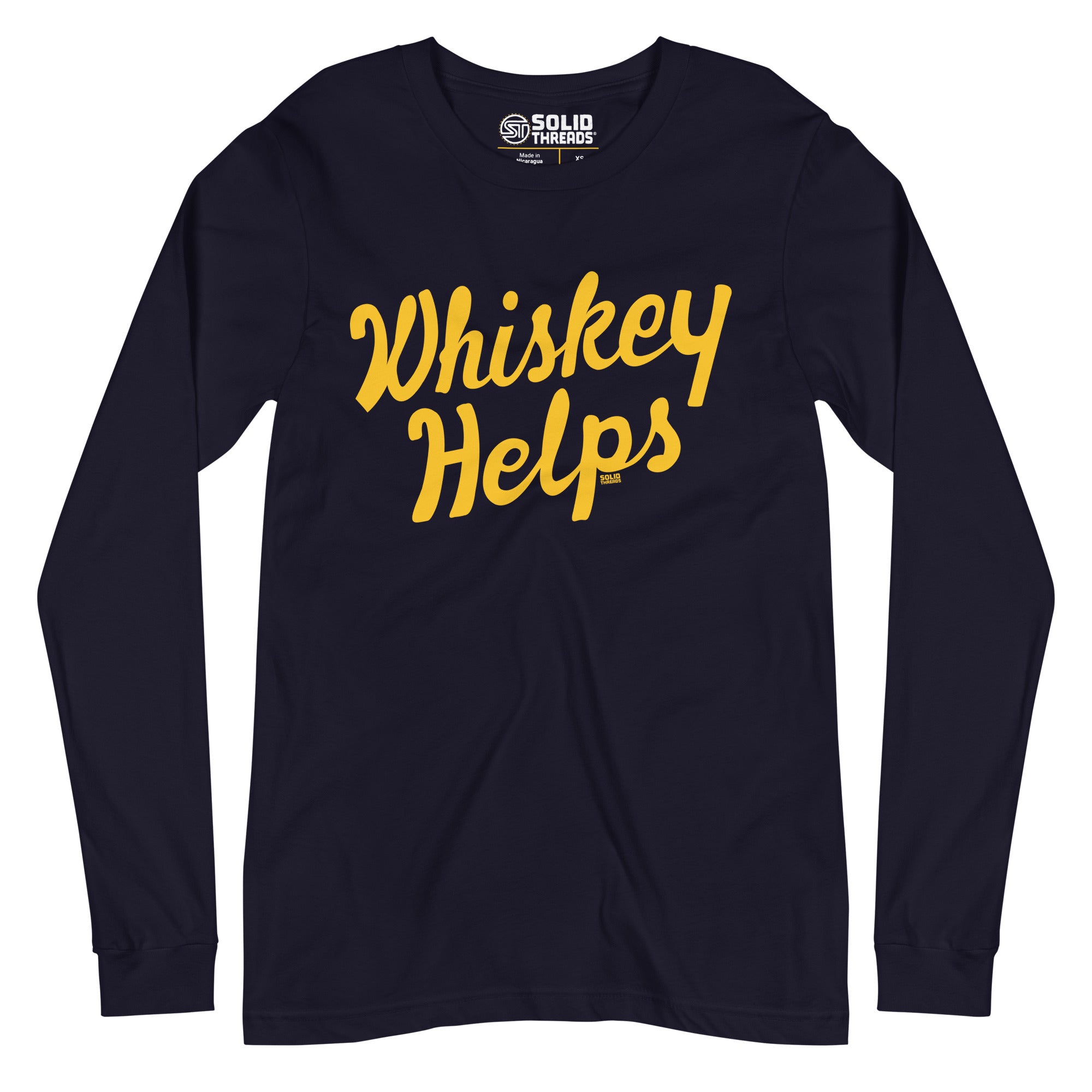 Whiskey Helps Cool Navy Long Sleeve T Shirt | Funny Drinking Graphic Tee | Solid Threads