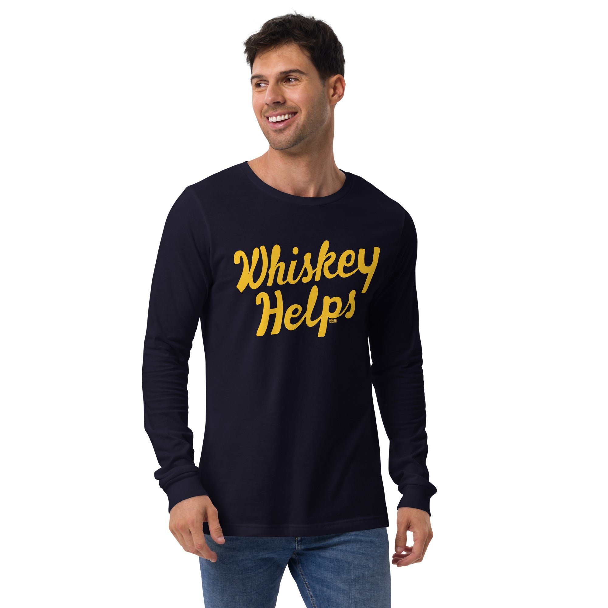 Whiskey Helps Cool Long Sleeve Navy T Shirt | Funny Drinking Graphic Tee on Model | Solid Threads