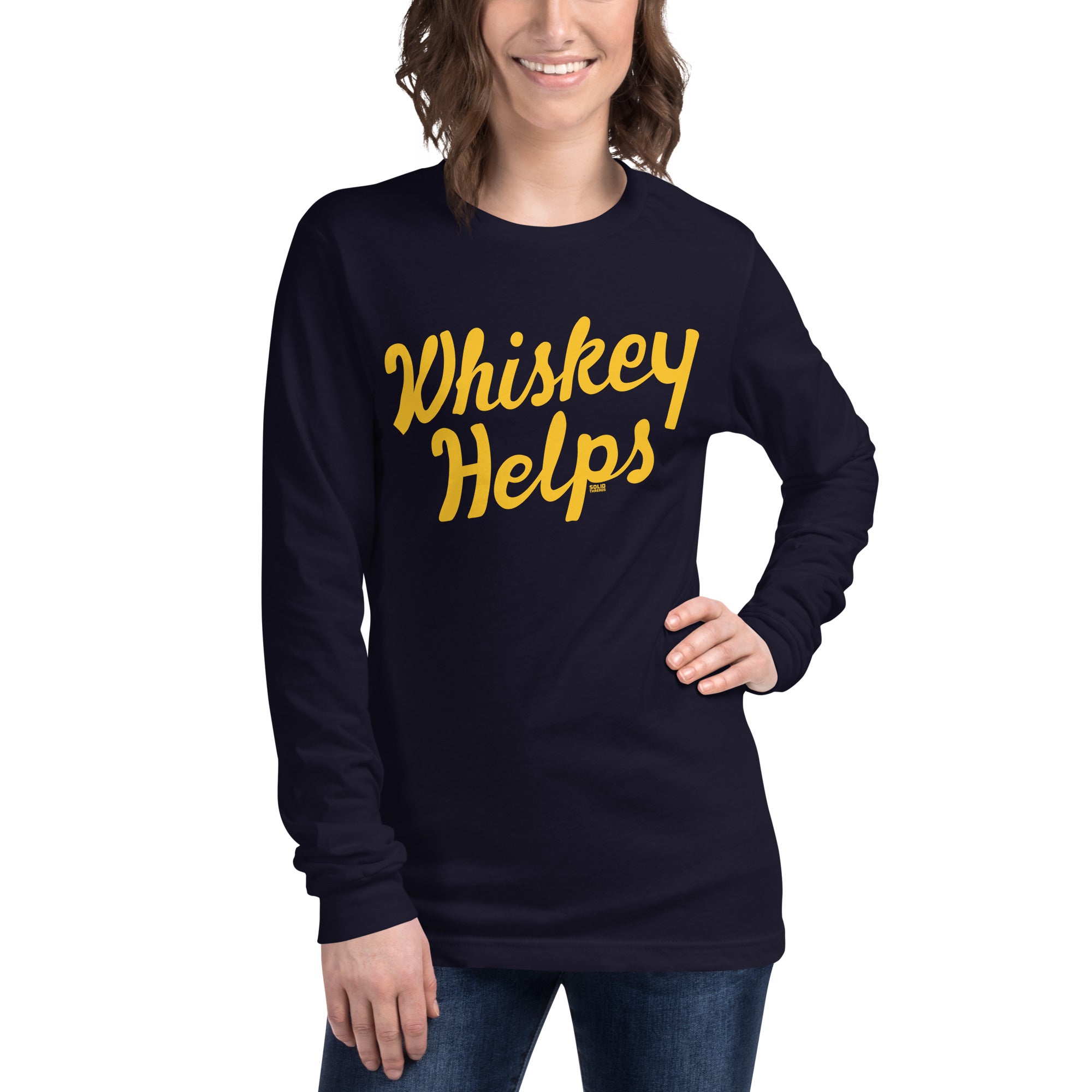 Whiskey Helps Cool Navy Long Sleeve T Shirt | Funny Drinking Graphic Tee on Model | Solid Threads