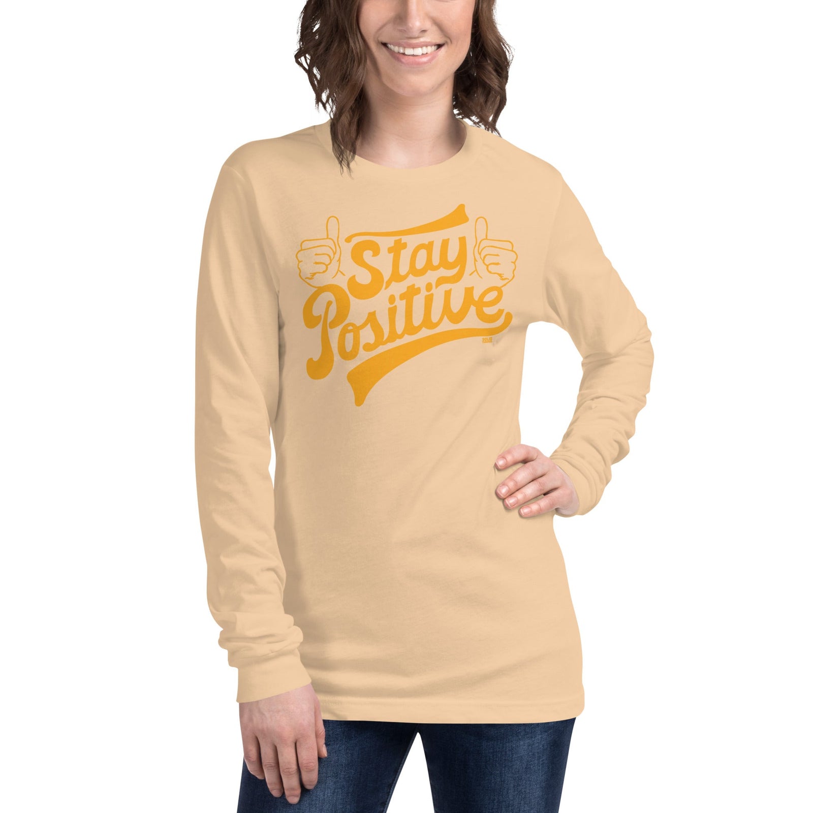 Stay Positive Vintage Graphic Long Sleeve Tee | Retro Mindfulness T-Shirt on Model | Solid Threads