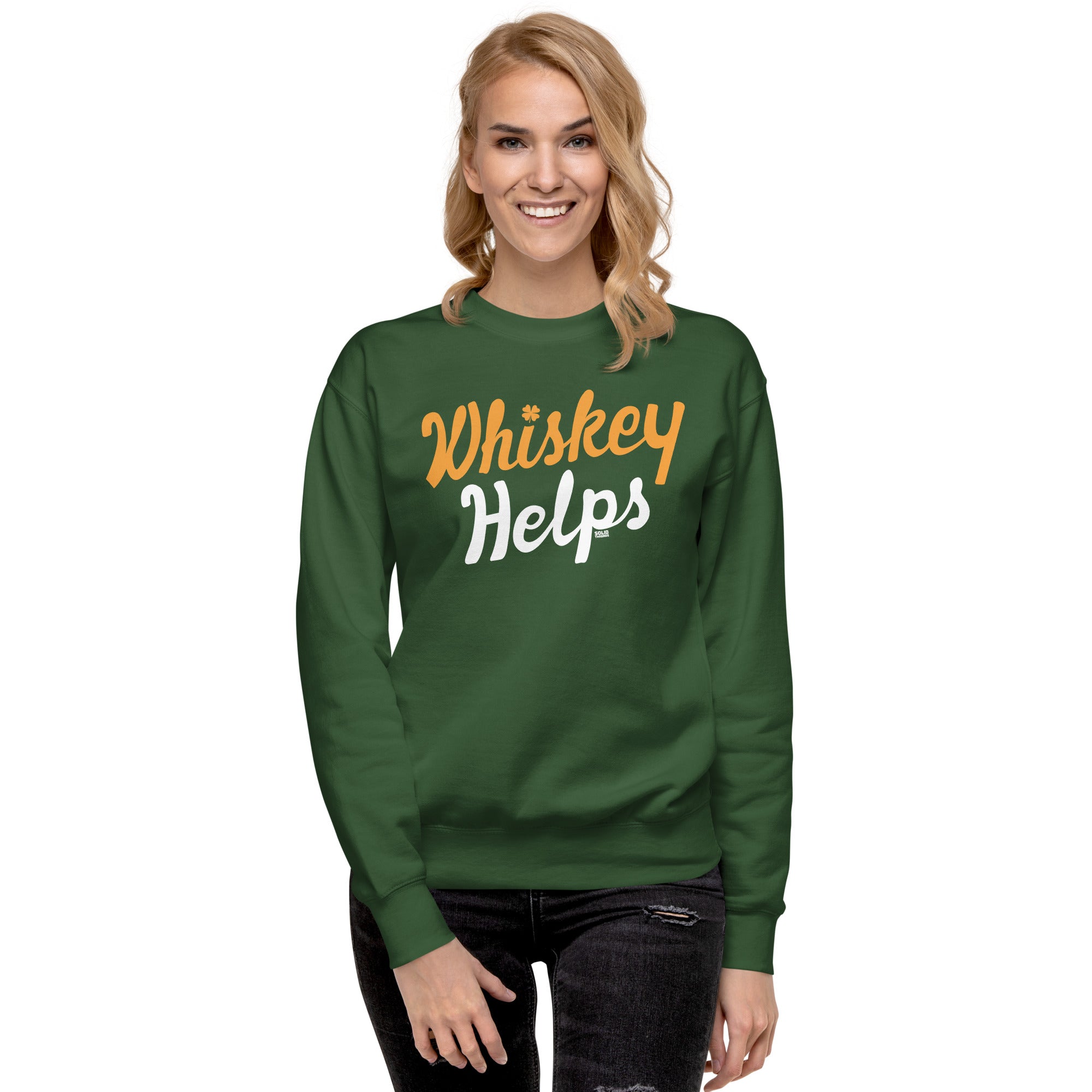 Irish Whiskey Helps Funny Classic Sweatshirt | Vintage St Paddy's Fleece on Model | Solid Threads