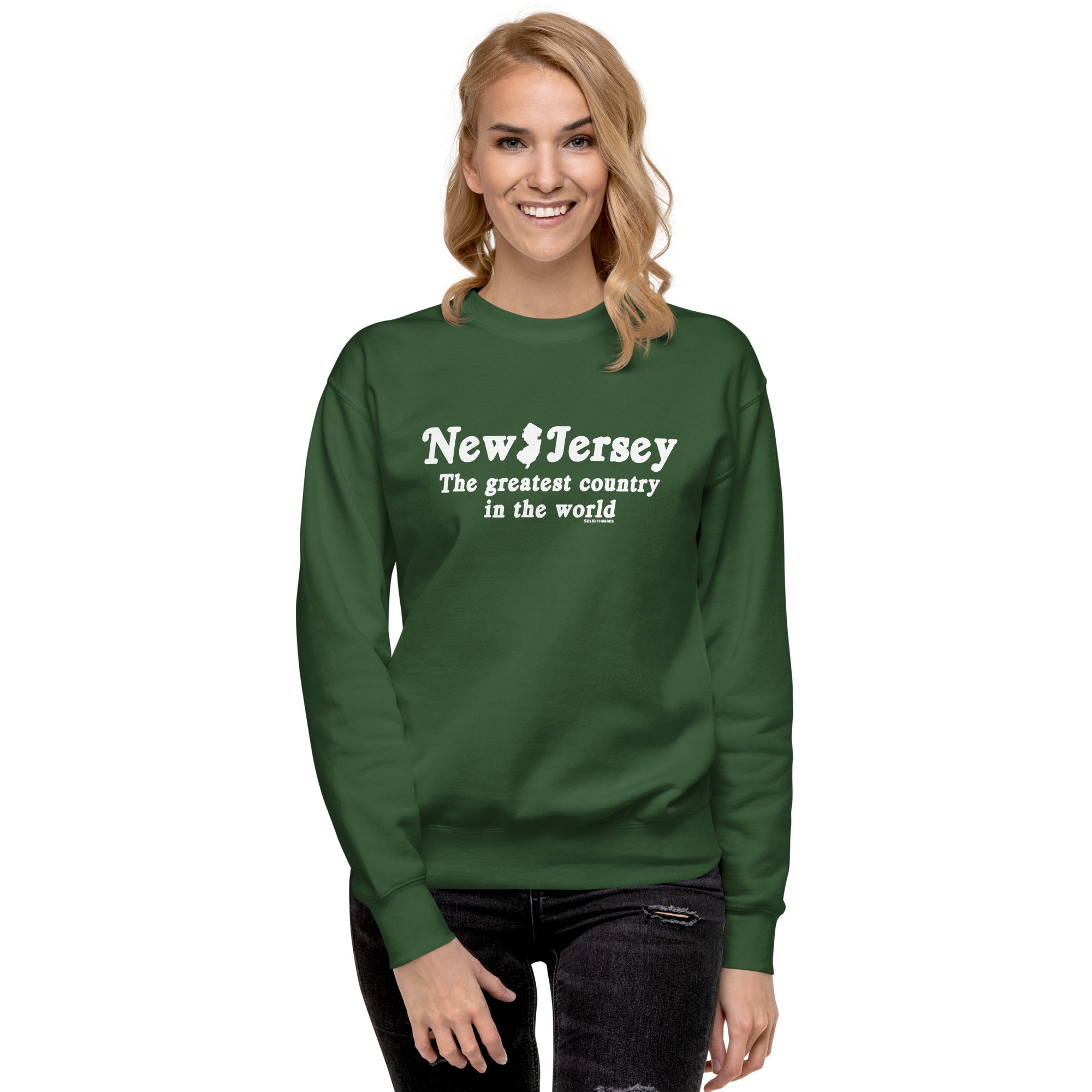 New Jersey The Greatest Country In The World Vintage Classic Sweatshirt | Funny Garden State Fleece on Model | Solid Threads