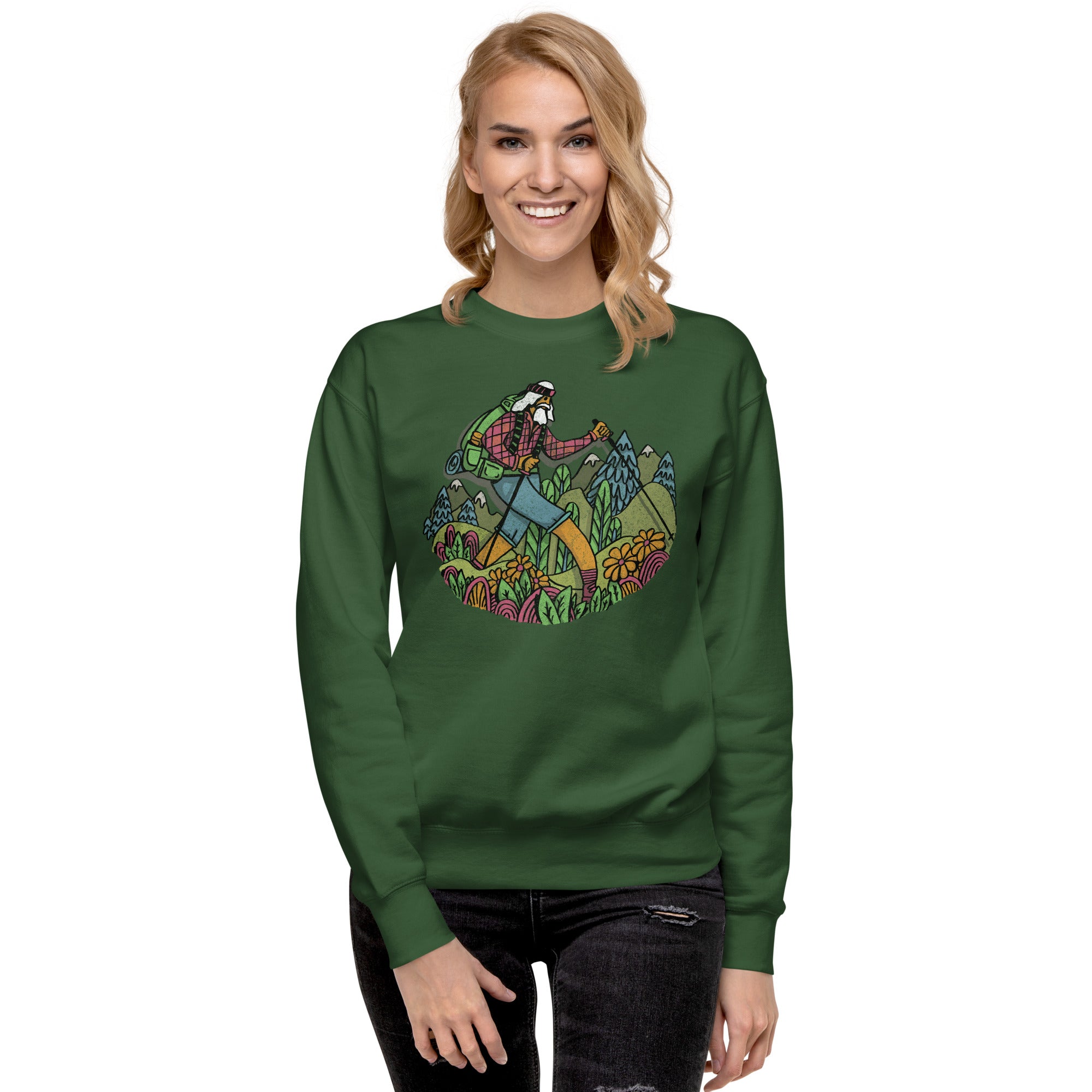 Women's Wise Hiker | Design By Dylan Fant Cool Classic Sweatshirt | Vintage Outdoorsy Fleece on Model | Solid Threads