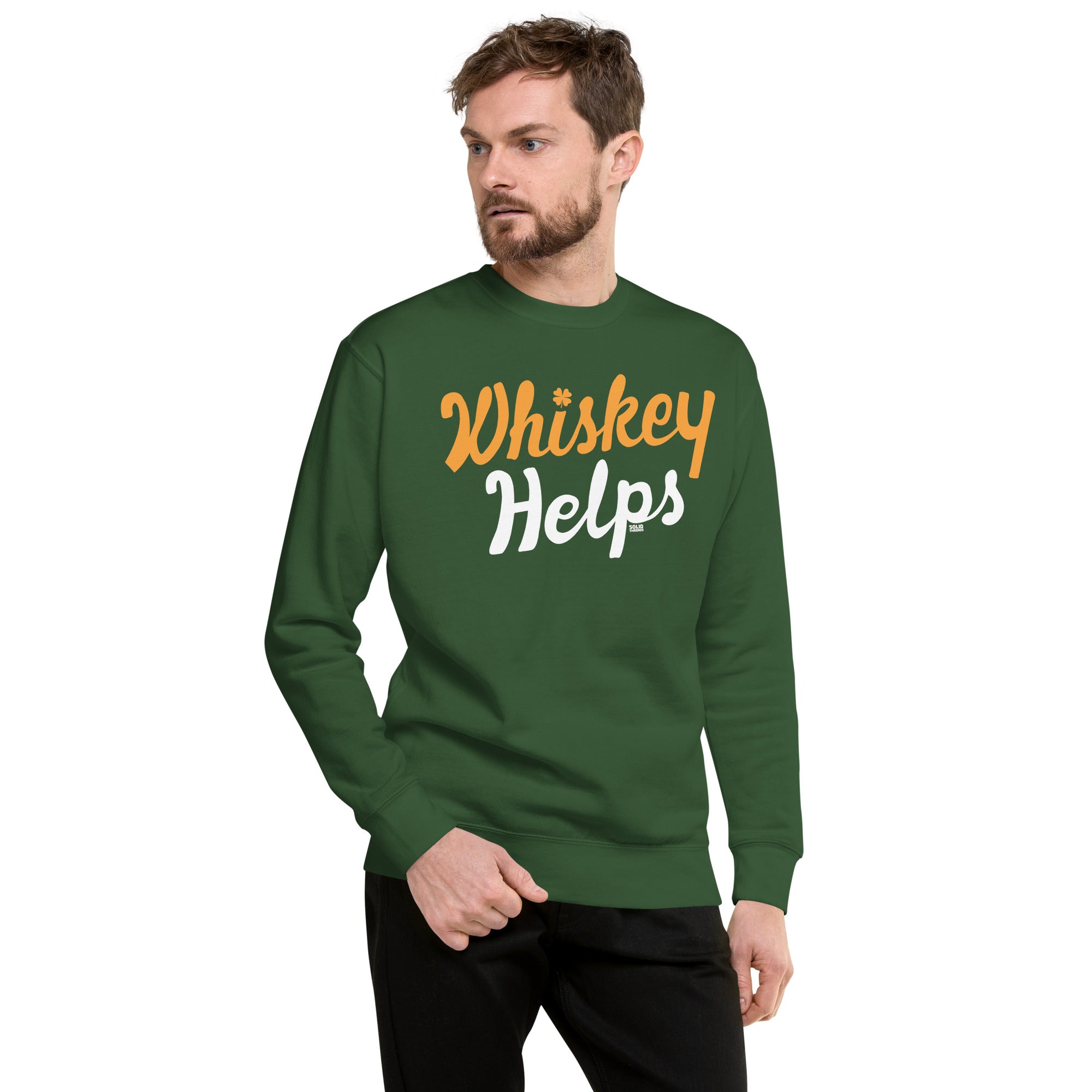 Unisex Irish Whiskey Helps Funny Classic Sweatshirt | Vintage St Paddy's Fleece on Model | Solid Threads