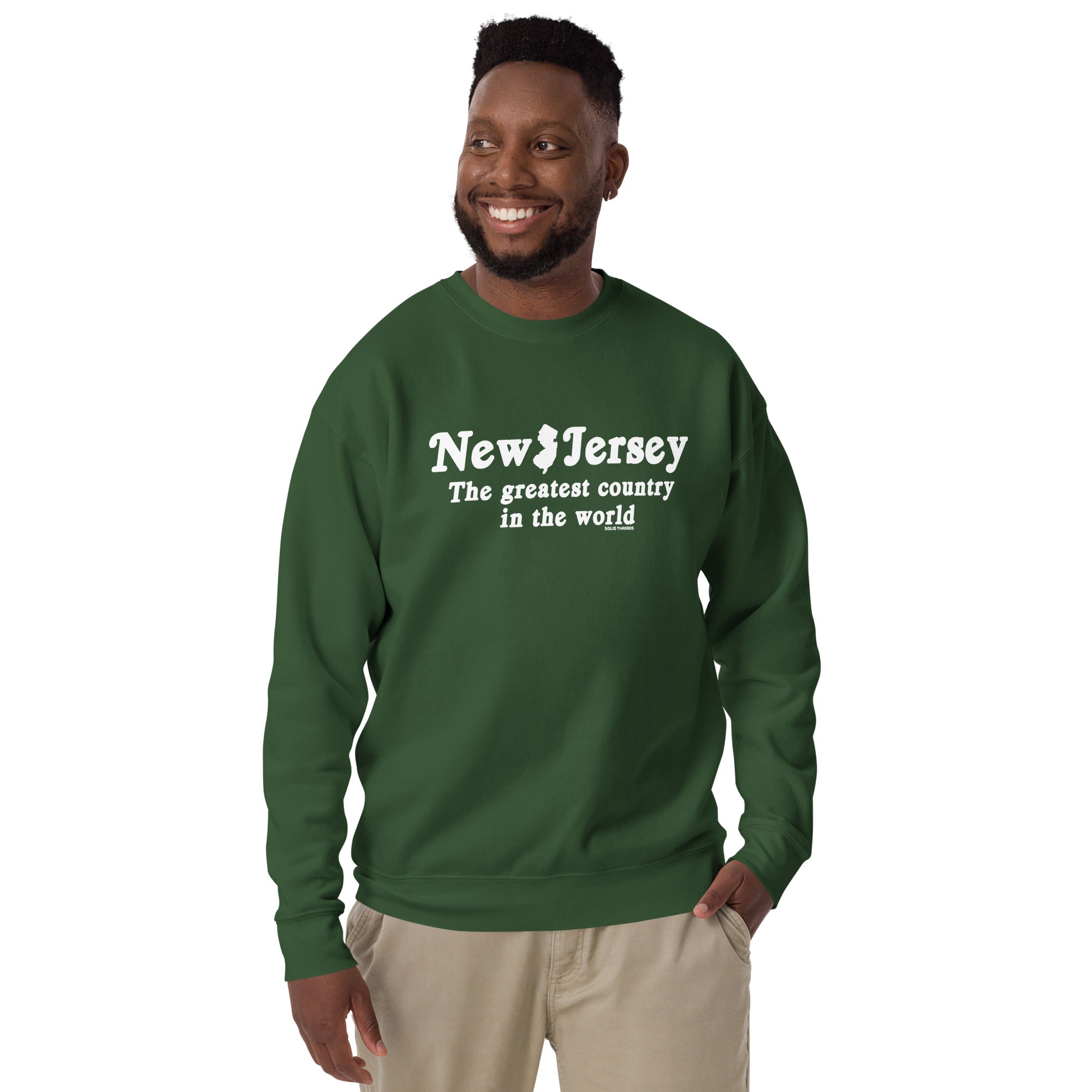 New Jersey The Greatest Country In The World Vintage Classic Sweatshirt | Funny Garden State Fleece on Model | Solid Threads