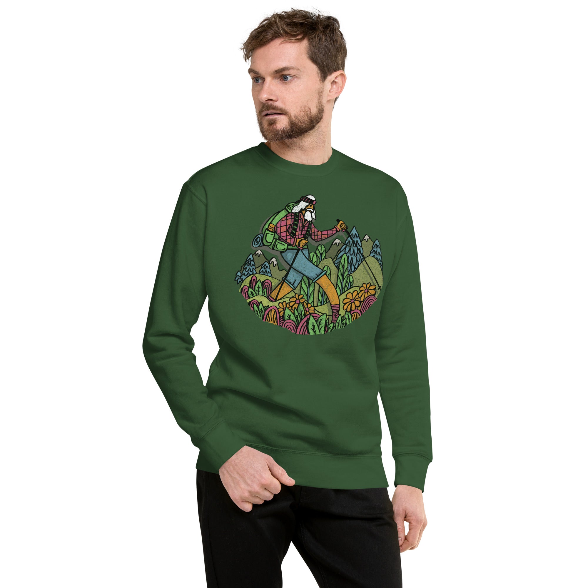 Wise Hiker | Design By Dylan Fant Cool Classic Sweatshirt | Vintage Outdoorsy Fleece on Model | Solid Threads