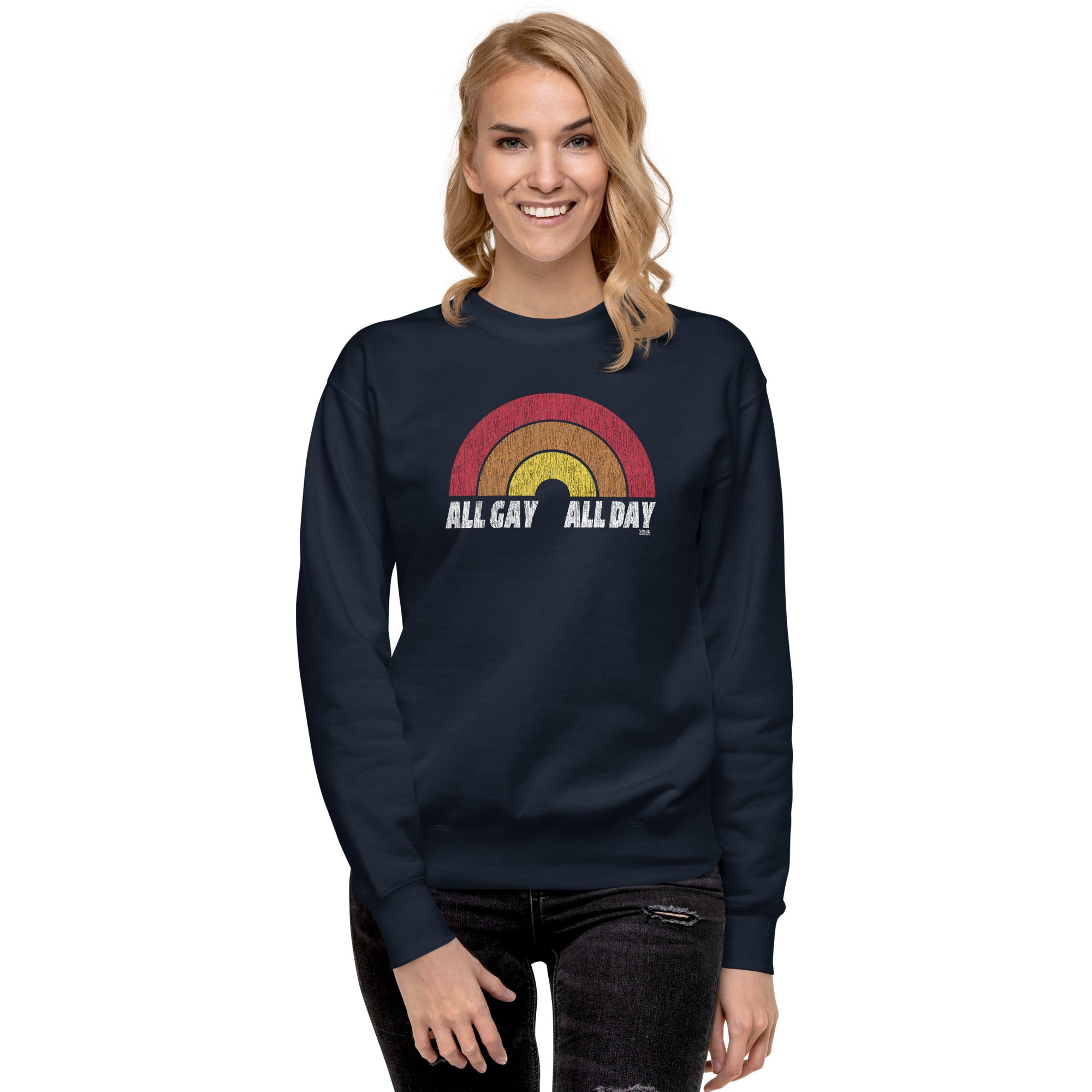 All Gay All Day Vintage Classic Sweatshirt | Retro Pride Fleece on Model | Solid Threads
