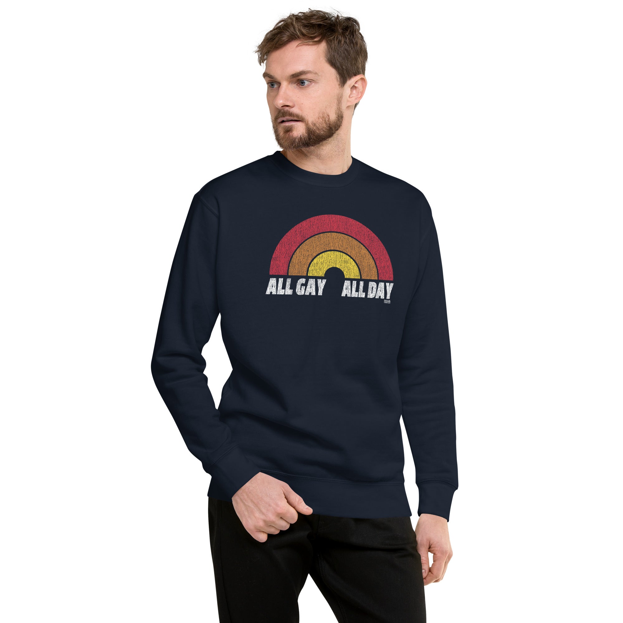 All Gay All Day Vintage Classic Sweatshirt | Retro Pride Fleece on Model | Solid Threads