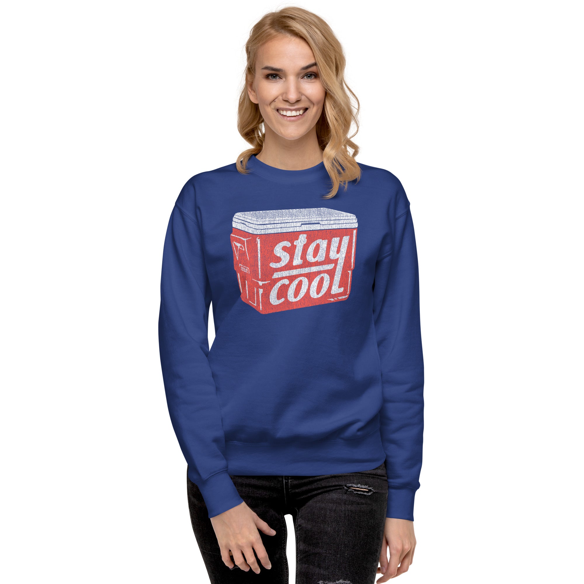 Stay Cool Vintage Classic Sweatshirt | Retro Summer Drinking Fleece on Model | Solid Threads