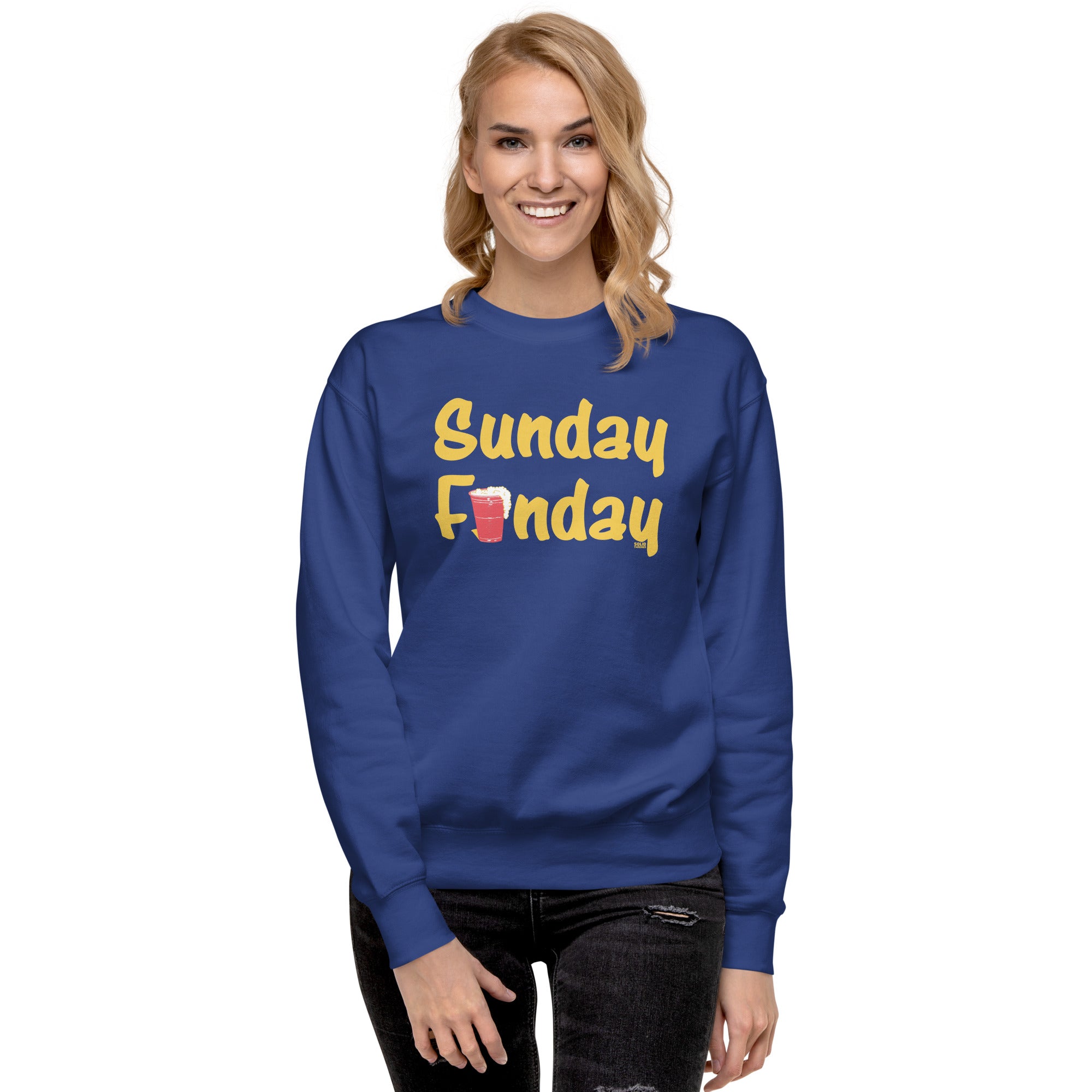 Sunday Funday Vintage Classic Sweatshirt | Funny Drinking Fleece on Model | Solid Threads