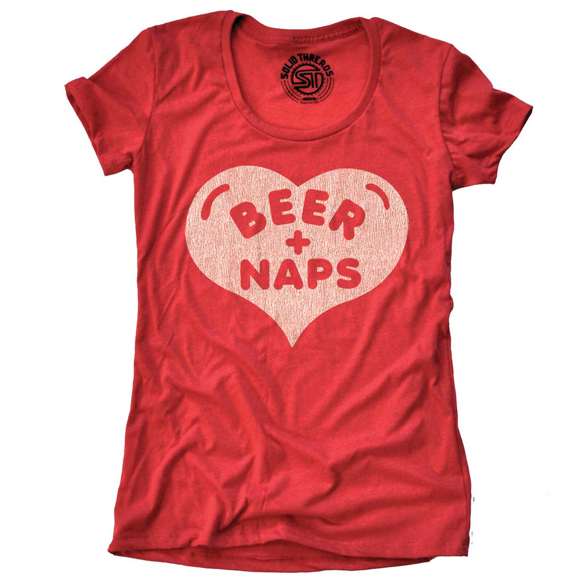 Women&#39;s Beer + Naps Funny Holiday Party Graphic T-Shirt | Retro Drinking Tee | Solid Threads