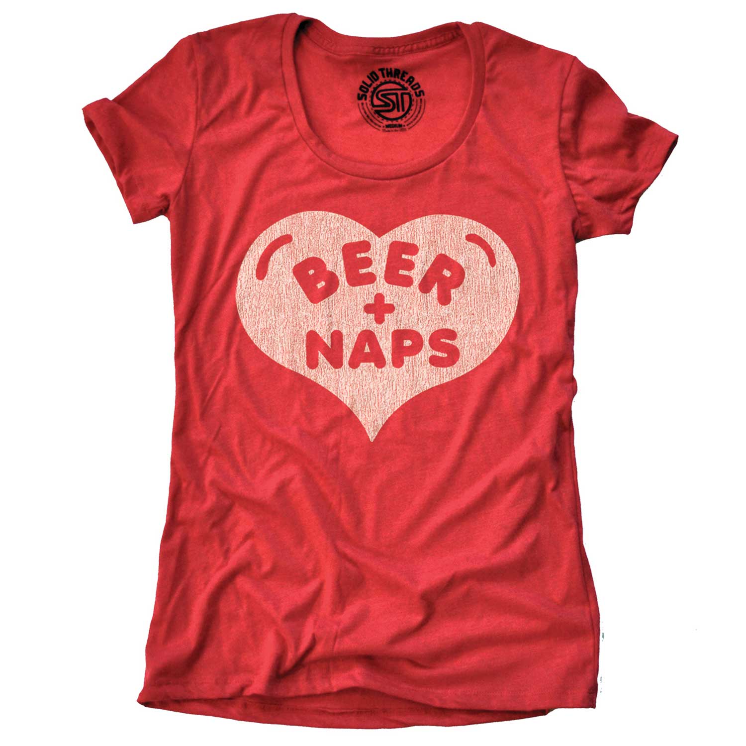 Women's Beer + Naps Funny Holiday Party Graphic T-Shirt | Retro Drinking Tee | Solid Threads
