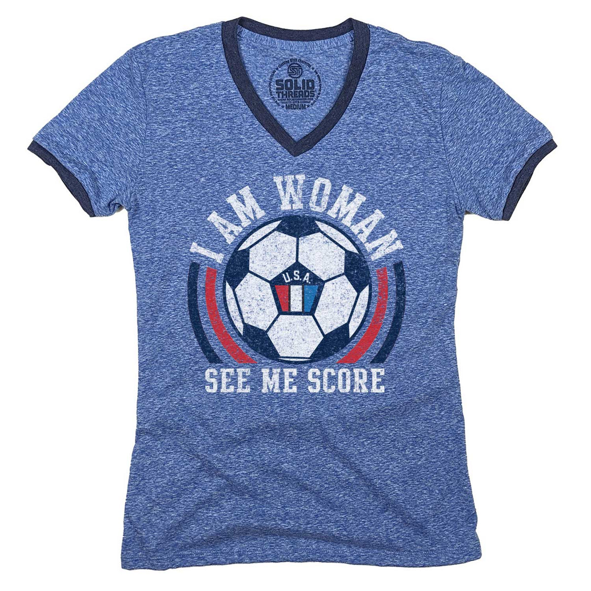 Women&#39;s I Am Woman Vintage Sports Graphic V-Neck Tee | Funny USA Soccer T-shirt | Solid Threads