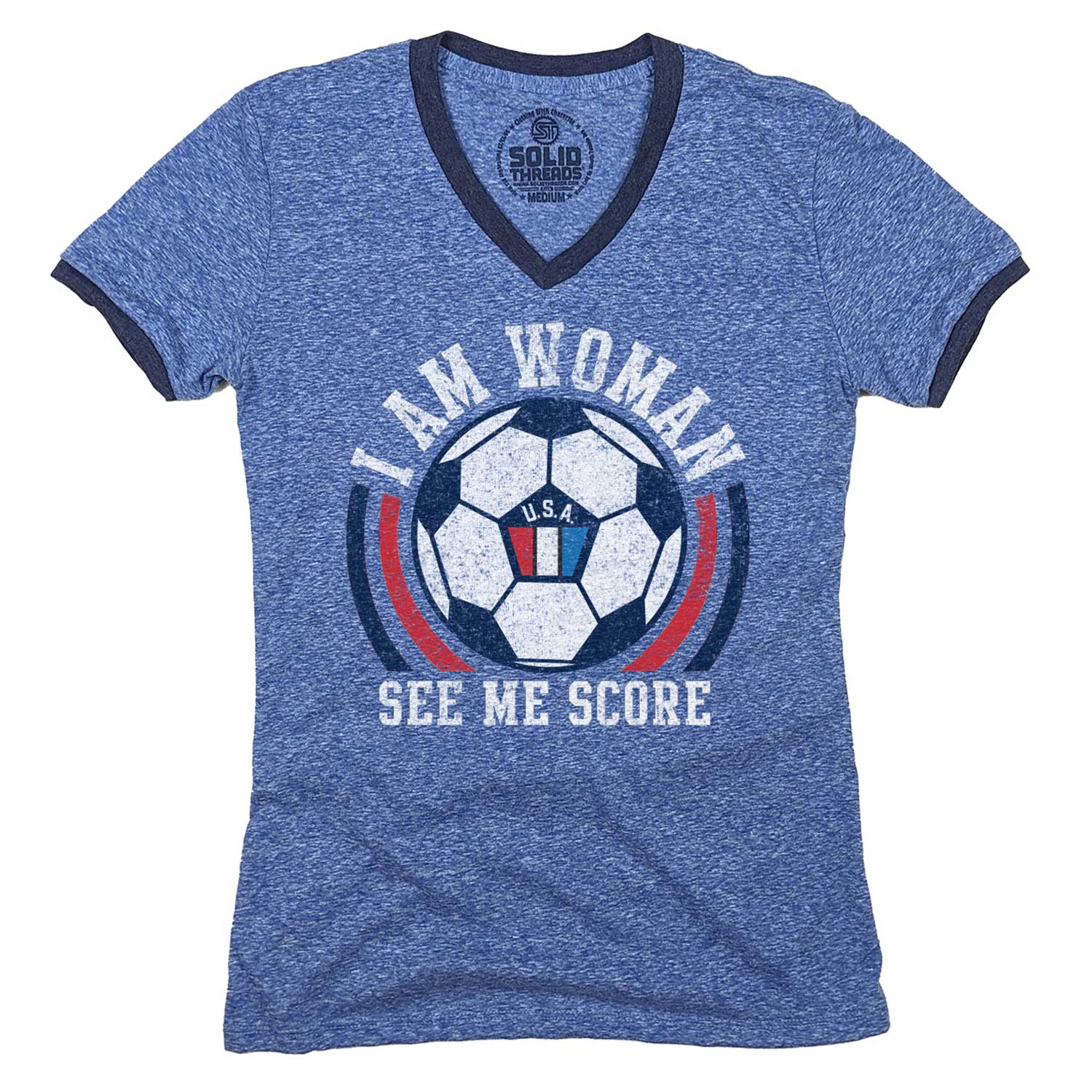 Women's I Am Woman Vintage Sports Graphic V-Neck Tee | Funny USA Soccer T-shirt | Solid Threads