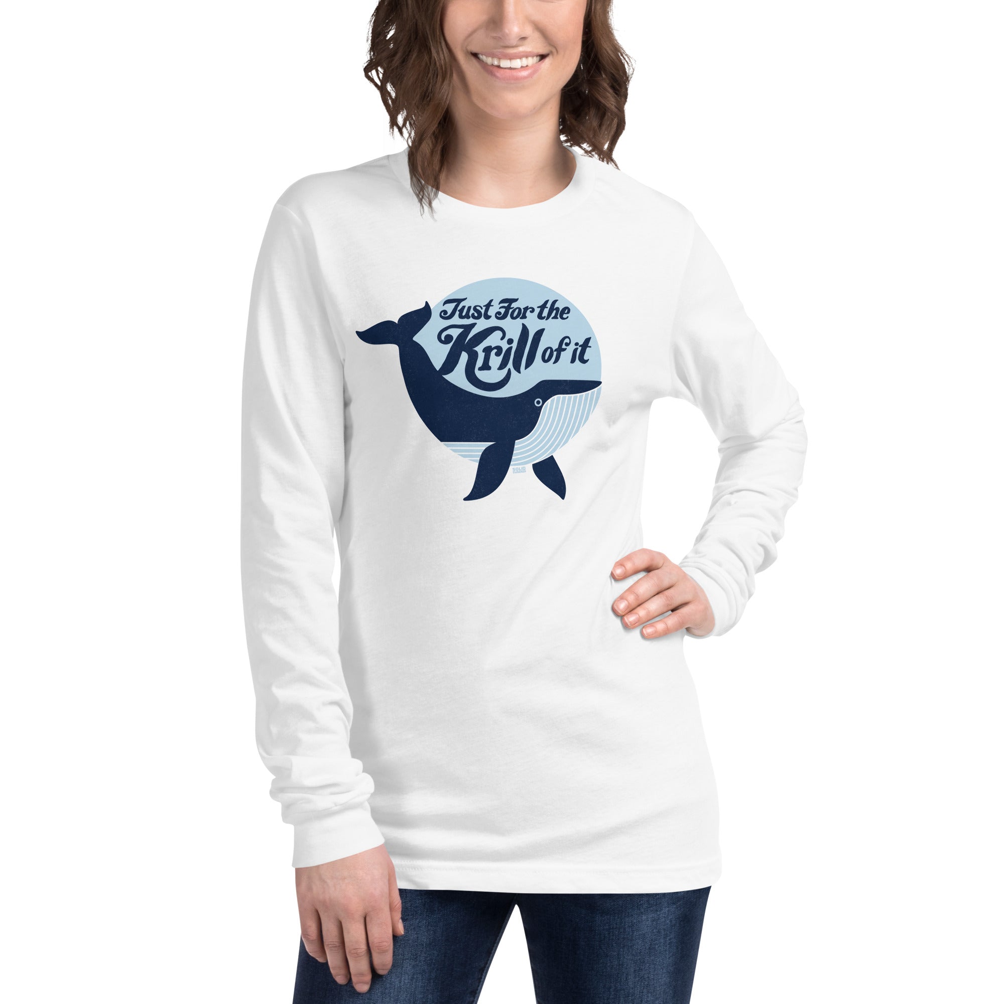 Women's Just For The Krill Of It Retro Long Sleeve T Shirt | Funny Whale Graphic Tee On Model | Solid Threads