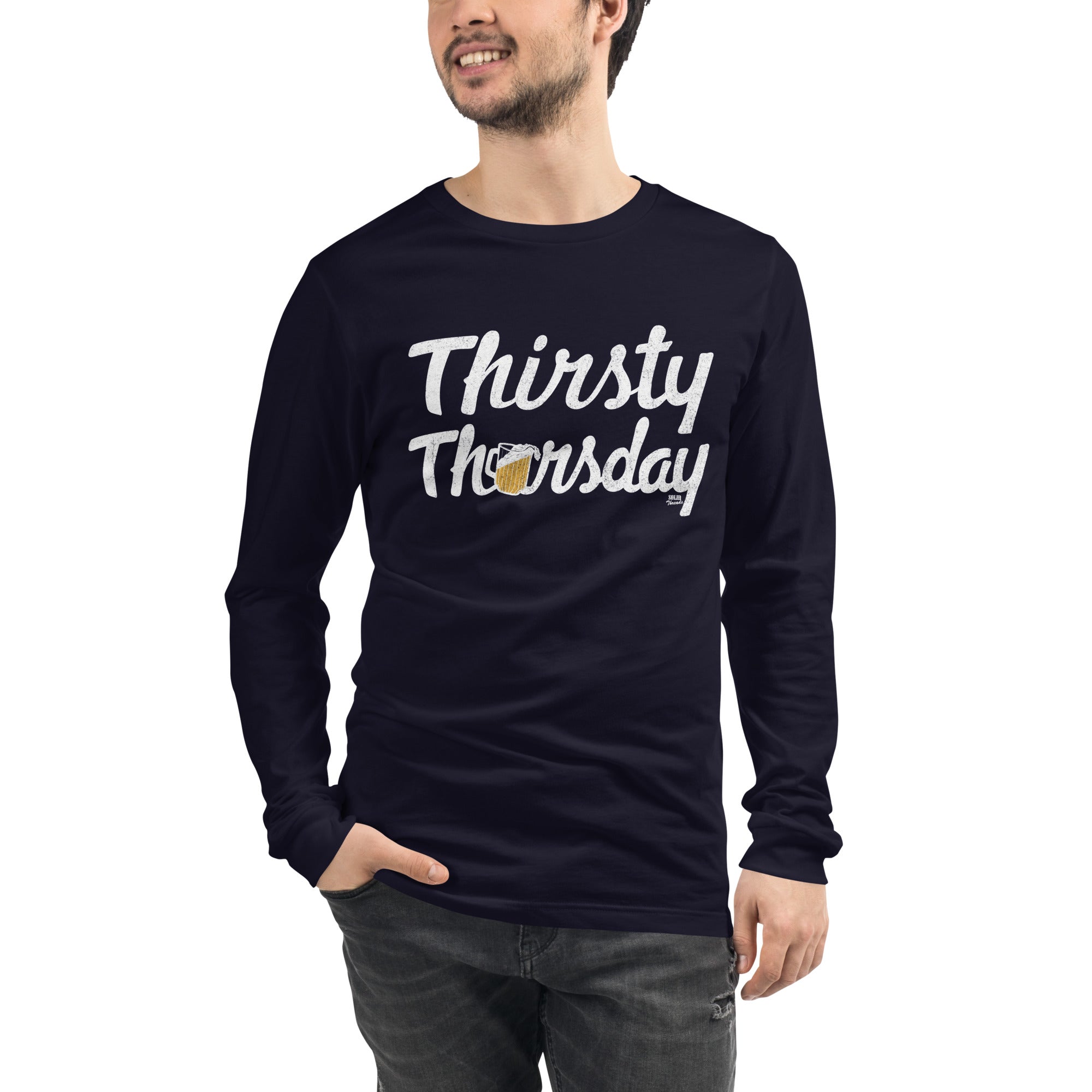 Men's Thirsty Thursday Vintage Long Sleeve T Shirt | Funny Drinking Graphic Tee On Model | Solid Threads