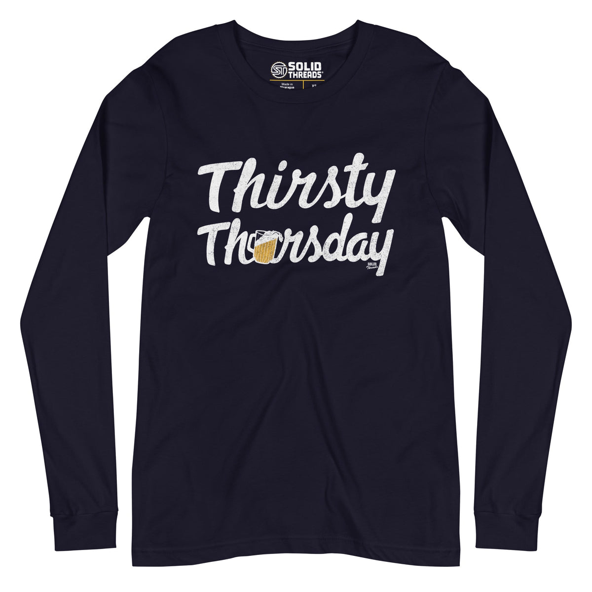 Men&#39;s Thirsty Thursday Vintage Long Sleeve T Shirt | Funny Drinking Graphic Tee | Solid Threads