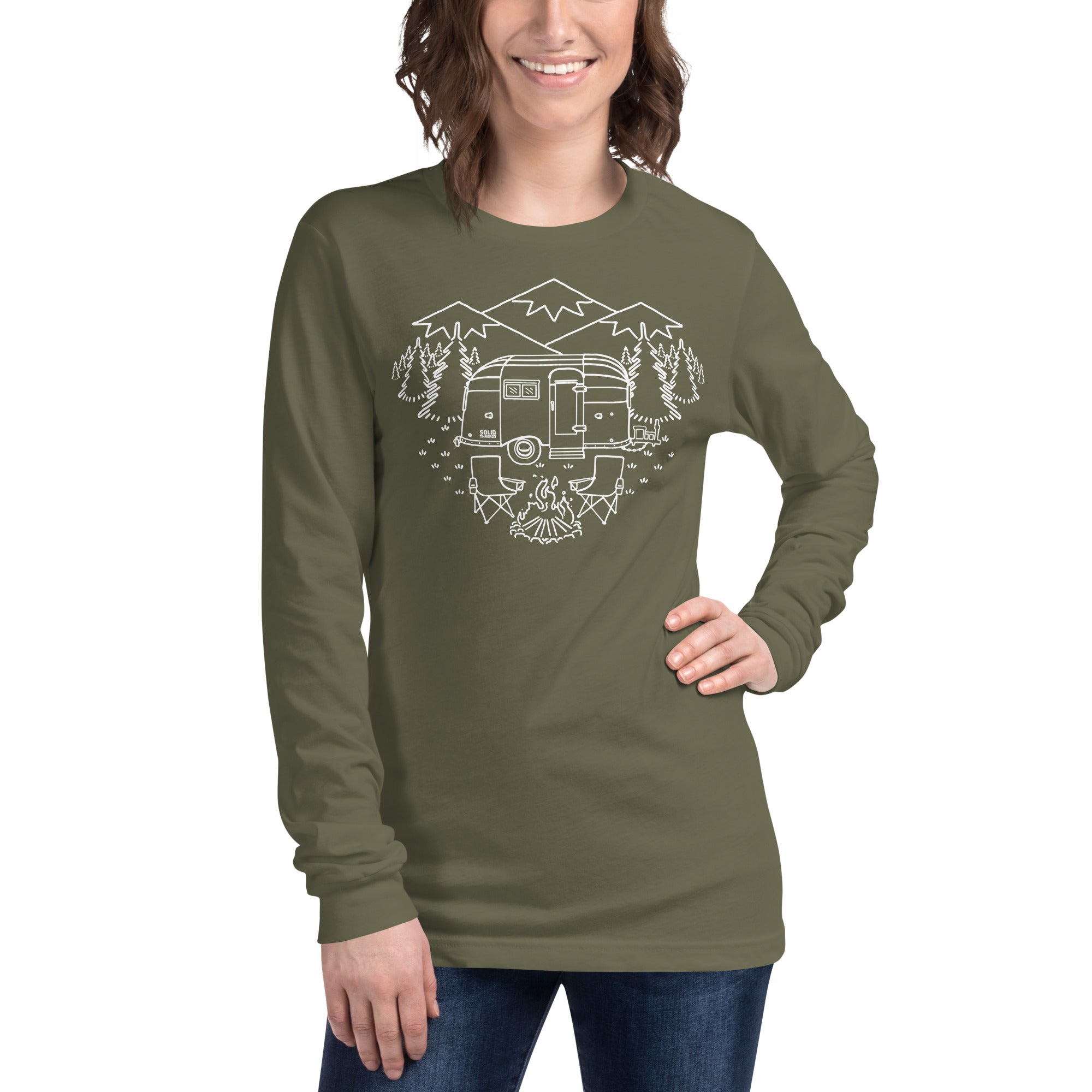 Camp Site Vintage Graphic Long Sleeve Tee | Retro Camping T-Shirt Model Closeup - Solid Threads