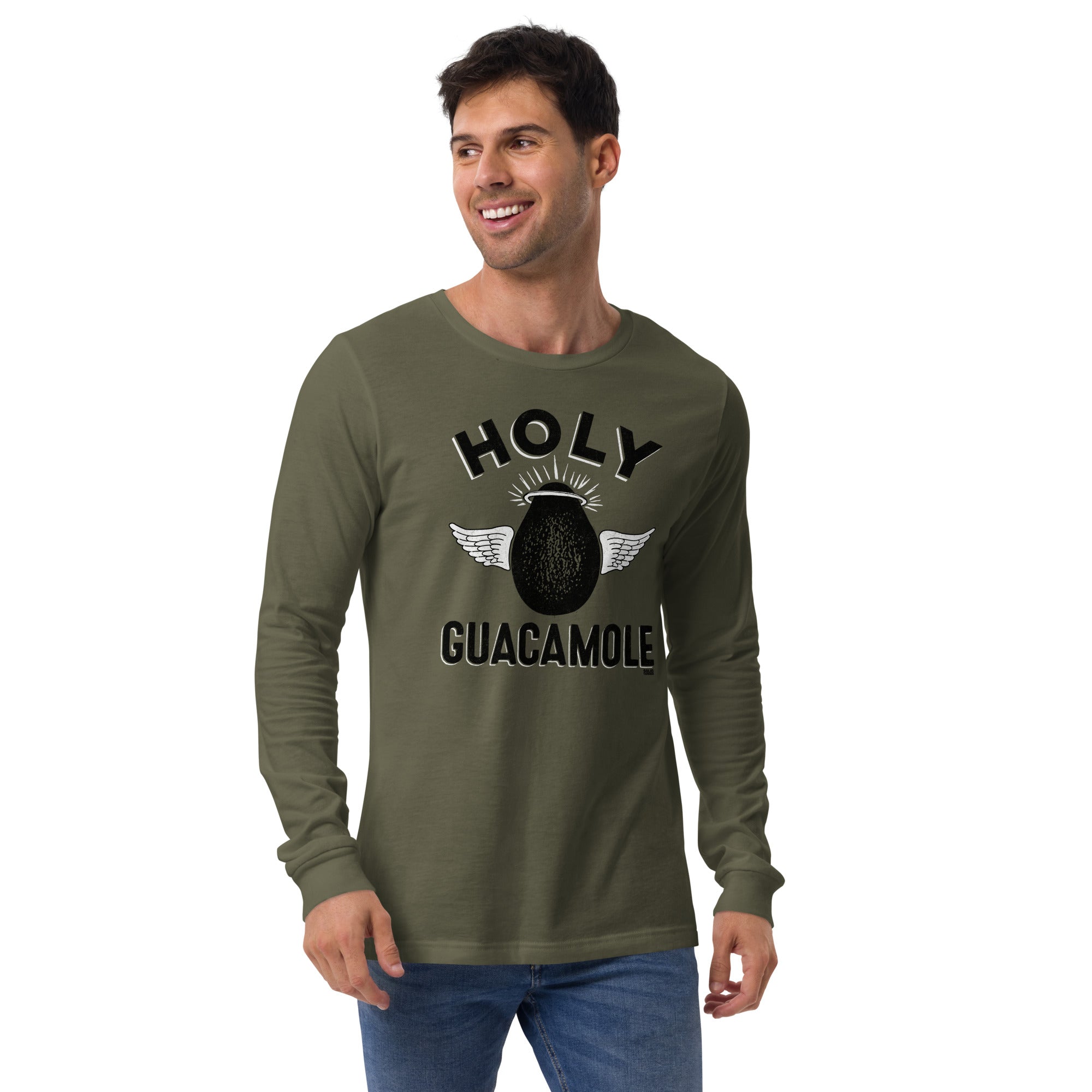 Holy Guacamole Vintage Graphic Long Sleeve Tee | Funny Food T-Shirt On Model - Solid Threads