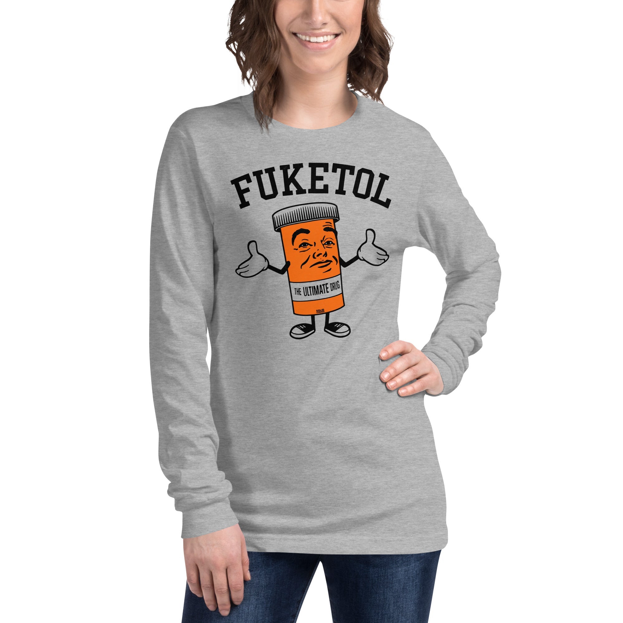 Women's Fuketol Retro Long Sleeve T Shirt | Funny Pill Bottle Graphic Tee On Model | Solid Threads