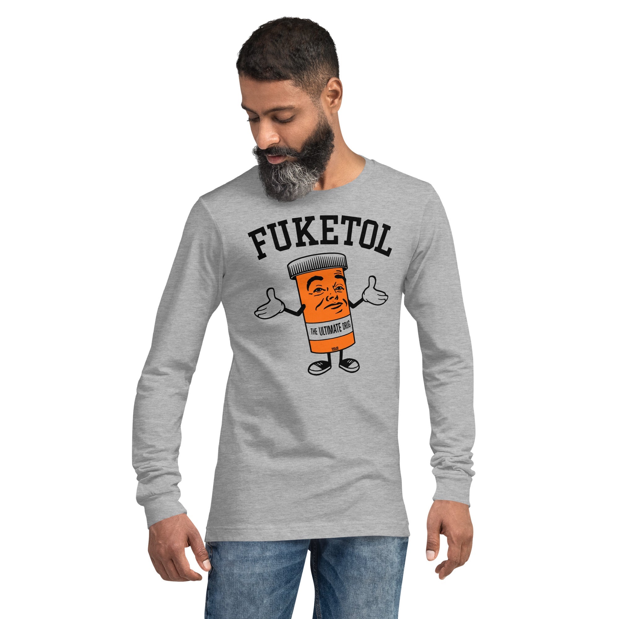 Men's Fuketol Retro Long Sleeve T Shirt | Funny Pill Bottle Graphic Tee On Model | Solid Threads