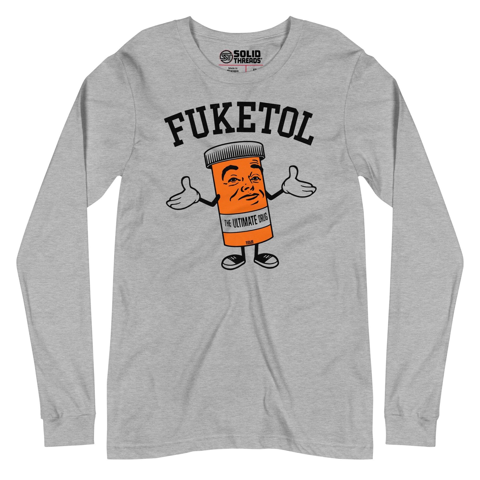 Men's Fuketol Retro Long Sleeve T Shirt | Funny Pill Bottle Graphic Tee | Solid Threads