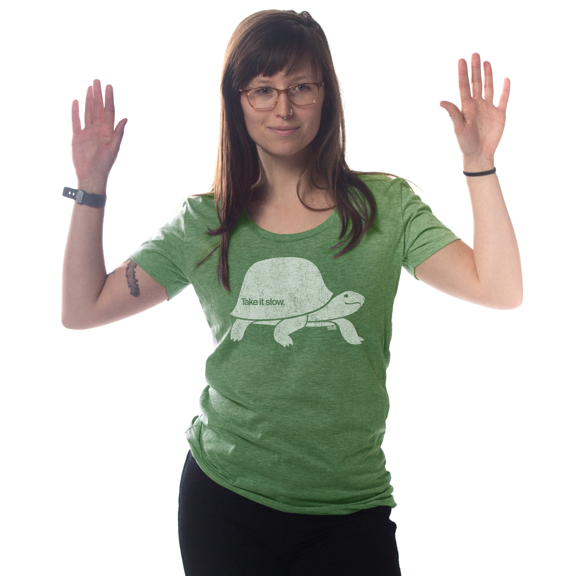 Women's Take It Slow Vintage Graphic T-Shirt | Cool Turtle Soft T-Shirt on Model | Solid Threads