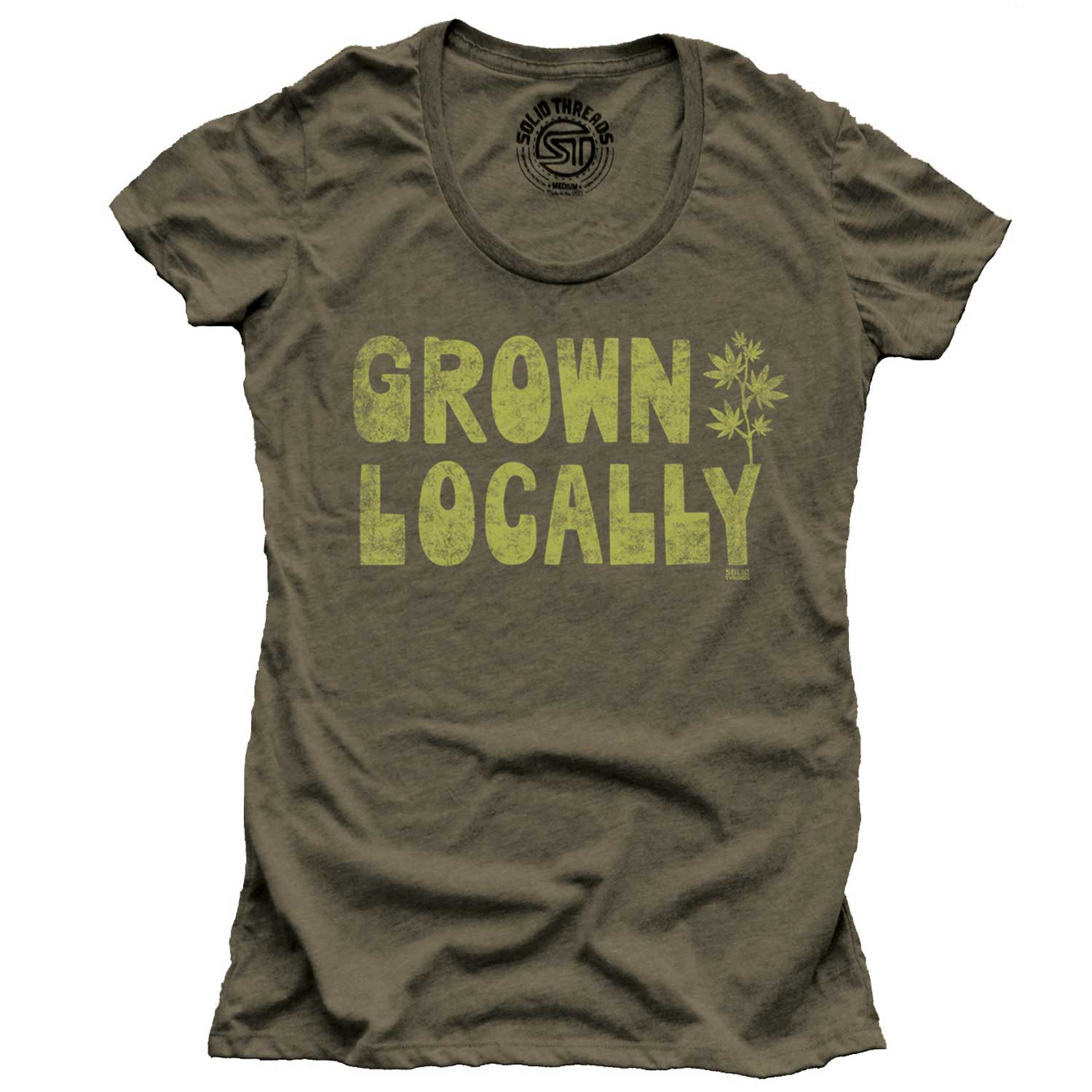 Women's Ganja Grown Locally Vintage Graphic Tee | Retro Marijuana Green T-Shirt | Solid Threads