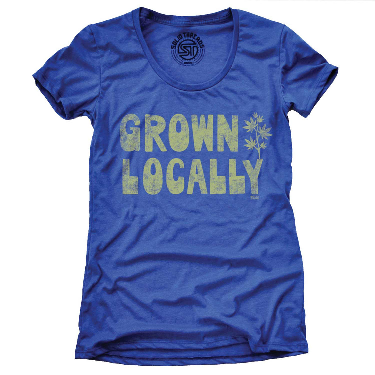 Women&#39;s Ganja Grown Locally Vintage Graphic Tee | Retro Marijuana Blue T-Shirt | Solid Threads