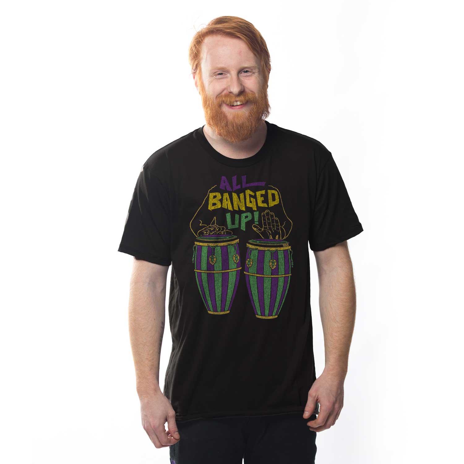 Men's All Banged Up Vintage Bongos Graphic T-Shirt | Funny NOLA Black Tee on Model | Solid Threads
