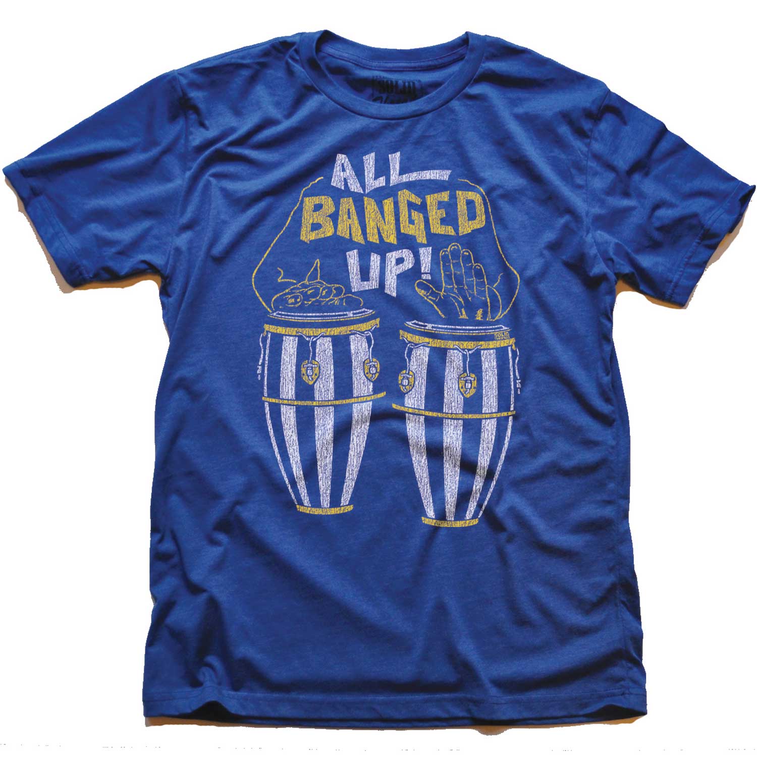 Men's All Banged Up Vintage Bongos Graphic T-Shirt | Funny New Orleans Blue Tee | Solid Threads