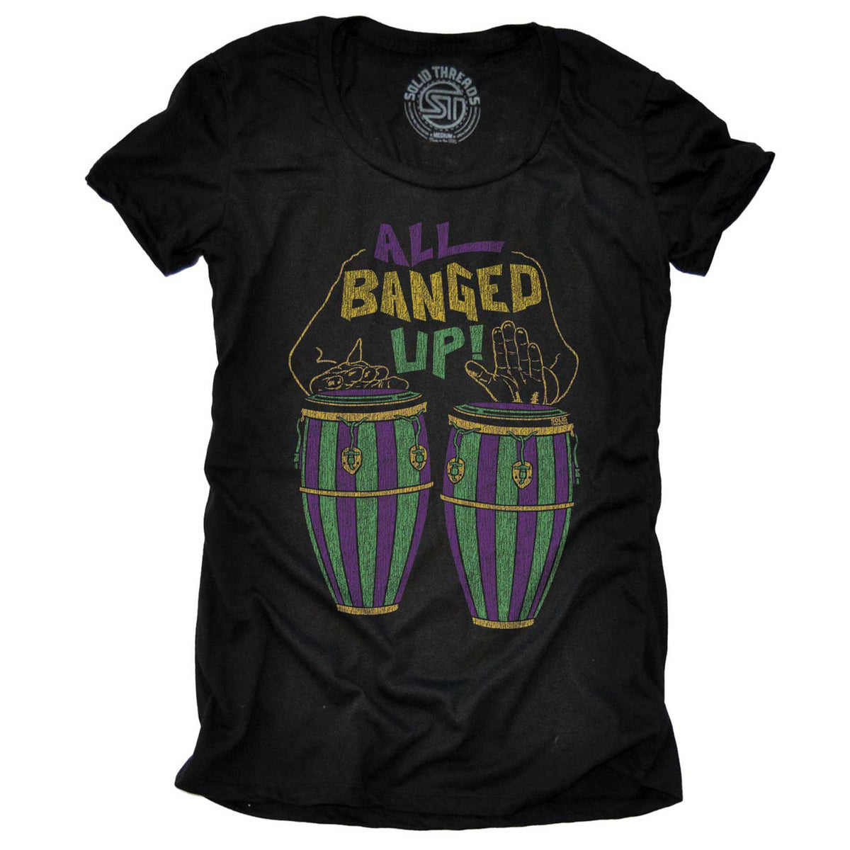 Women&#39;s All Banged Up Vintage Graphic T-Shirt | Funny New Orleans Music Black Tee | Solid Threads