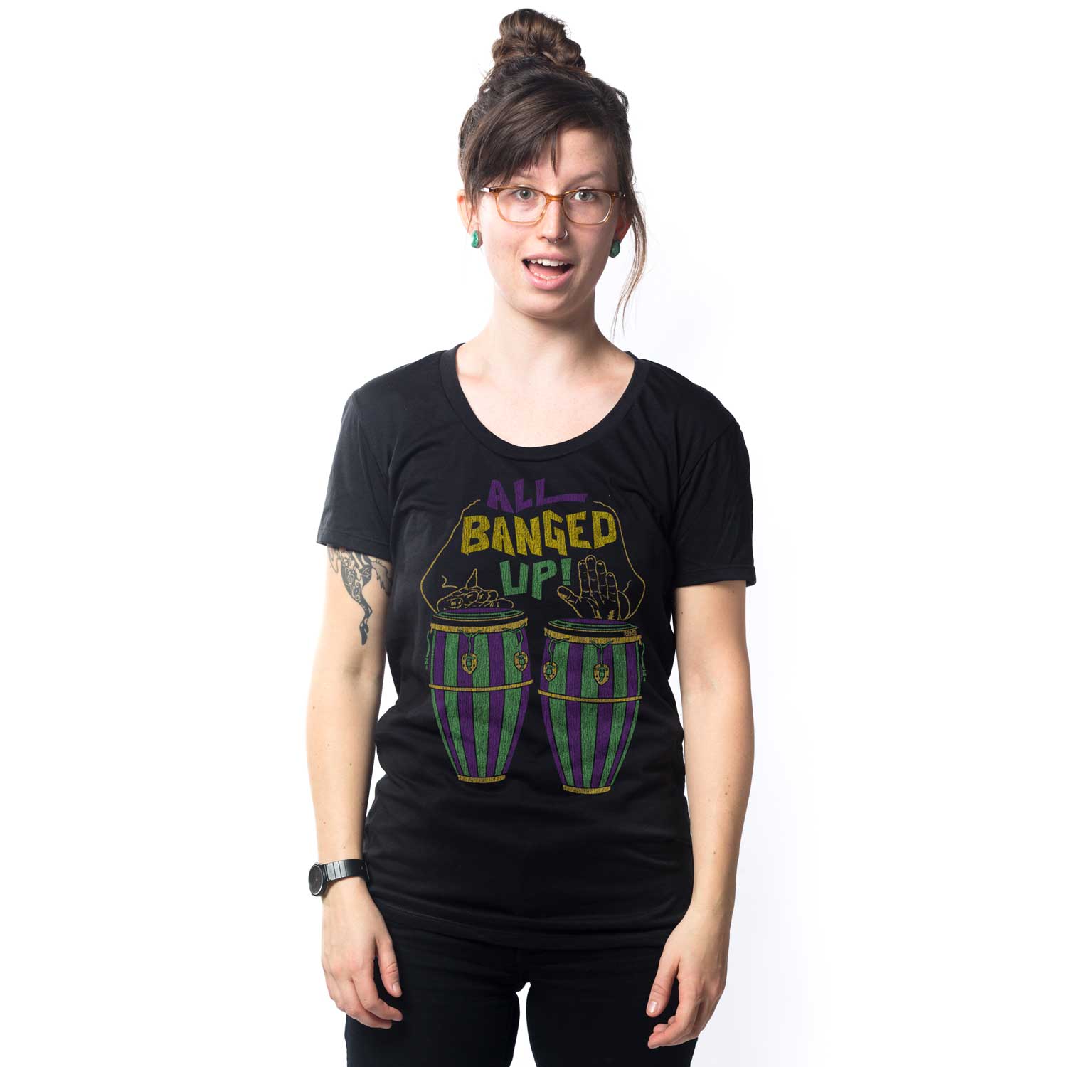 Women's All Banged Up Vintage Graphic T-Shirt | Funny NOLA Music Black Tee on Model | Solid Threads