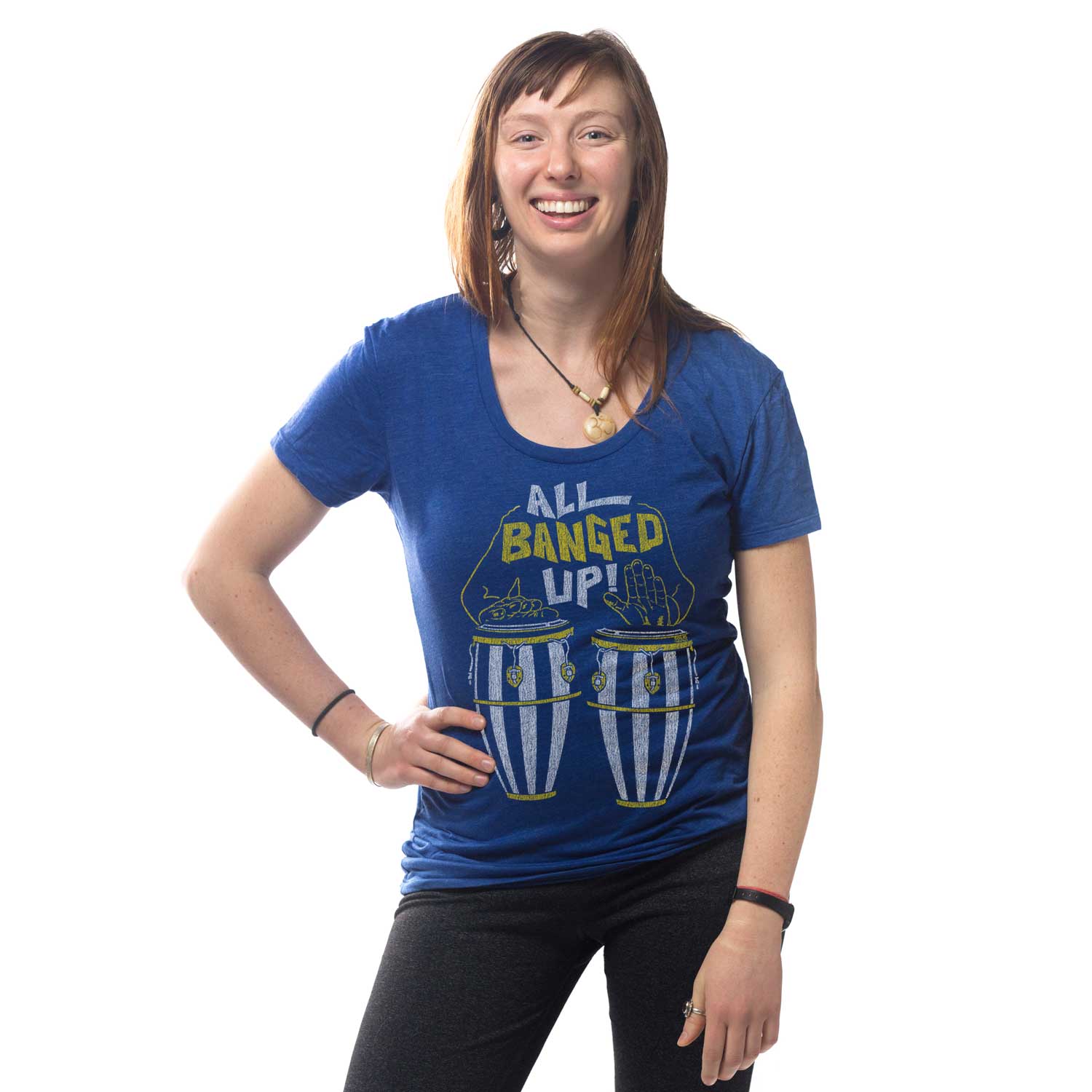 Women's All Banged Up Vintage Graphic T-Shirt | Funny NOLA Music Blue Tee on Model | Solid Threads