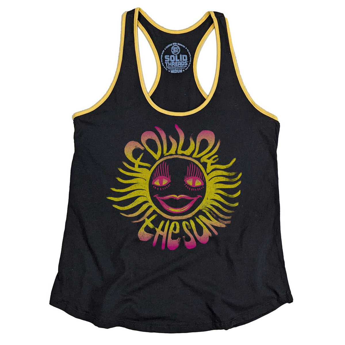 Women&#39;s Follow the Sun Vintage Graphic Tank Top | Retro Beach T-shirt | Solid Threads