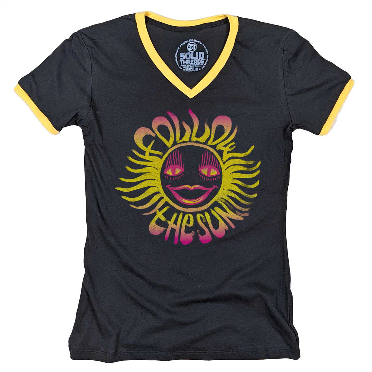 Women&#39;s Follow the Sun Vintage Graphic V-Neck Tee | Retro Beach T-shirt | Solid Threads