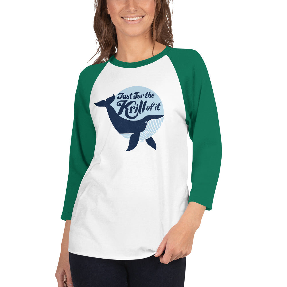 Unisex Just For the Krill of It Vintage Baseball Tee | Funny Whale Raglan on Model | Solid Threads