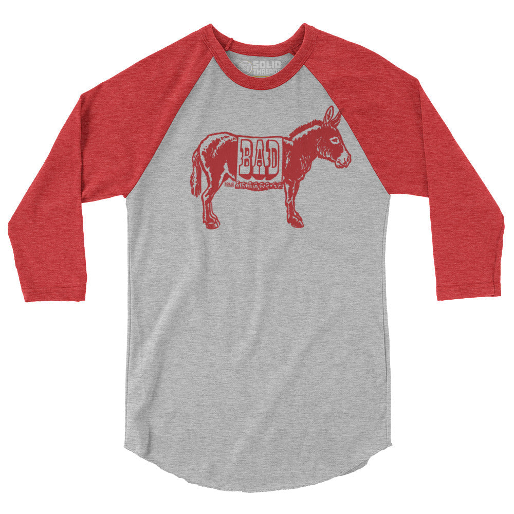 Unisex Vintage Bad Ass Funny Animal Baseball Tee | Retro Donkey Pun Red Raglan | SOLID THREADS