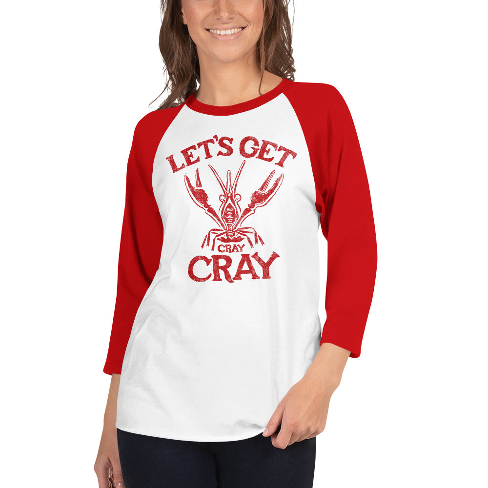 Unisex Let's Get Cray Cray Retro Beach Baseball Tee | Funny Crawfish Raglan on Model | SOLID THREADS 