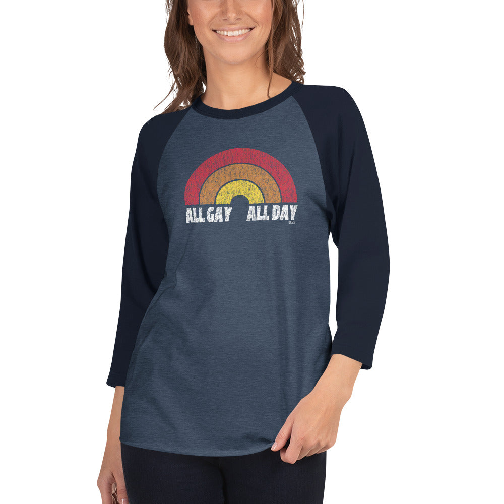 All Gay All Day Vintage Baseball Tee | Retro Pride Raglan on Model | Solid Threads