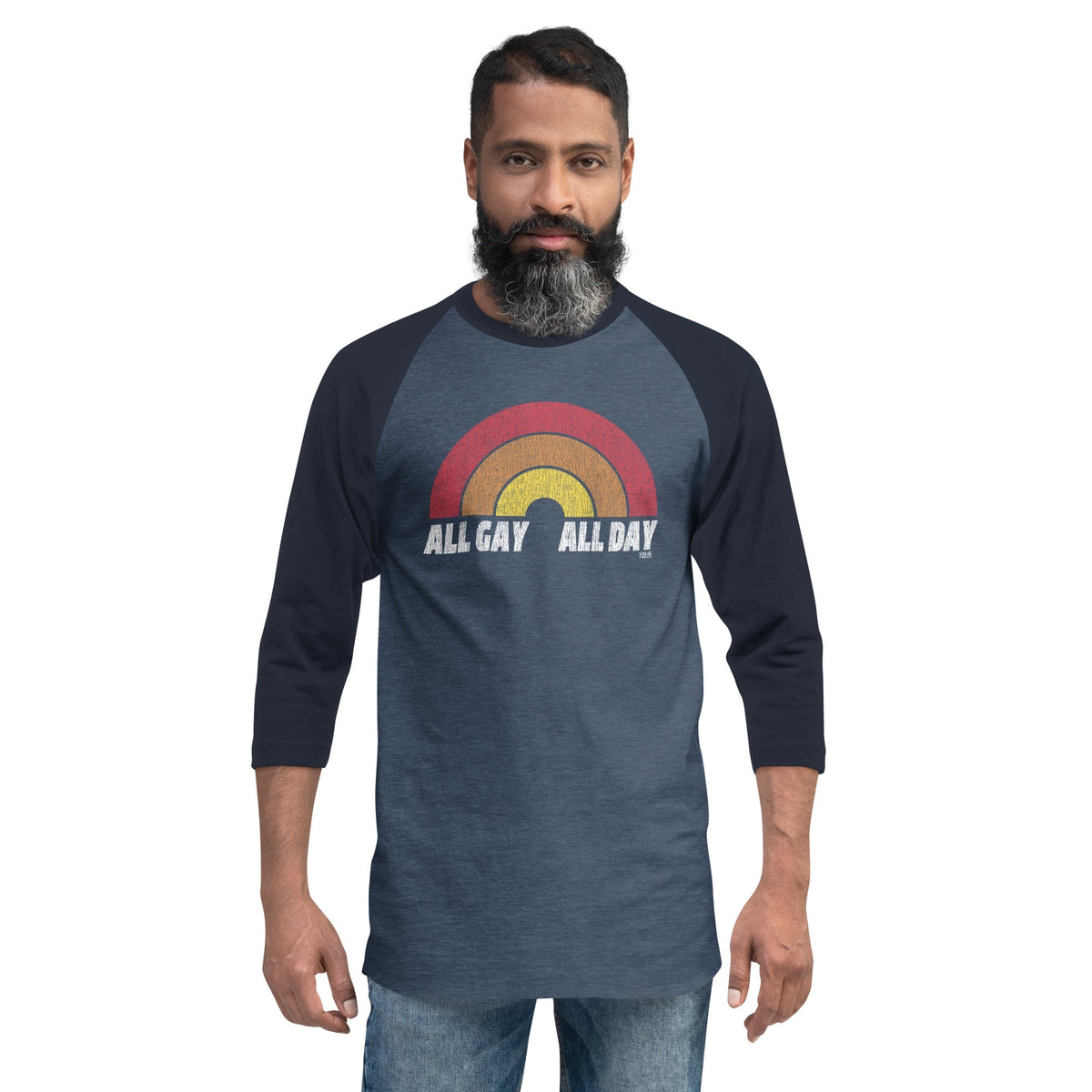 All Gay All Day Vintage Baseball Tee | Retro LGBTQ Pride Raglan on Model | Solid Threads