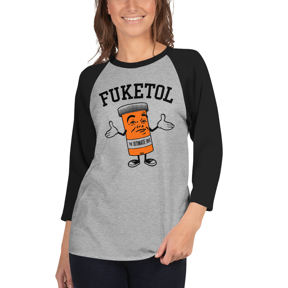 Unisex Fuketol Festival Baseball Tee | Retro Pill Bottle Raglan on Model | Solid Threads