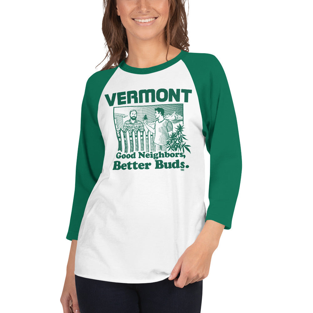 Unisex Vermont Better Buds Baseball Tee | Retro Marijuana Raglan on Model | Solid Threads