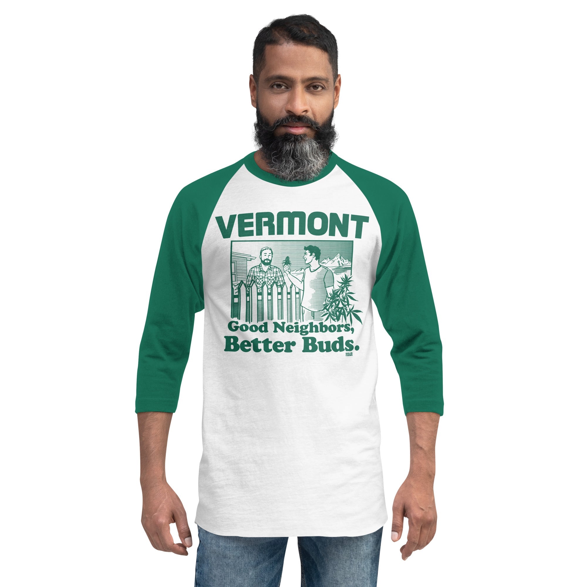  Vermont Better Buds Baseball Tee | Retro Marijuana Raglan on Model | Solid Threads
