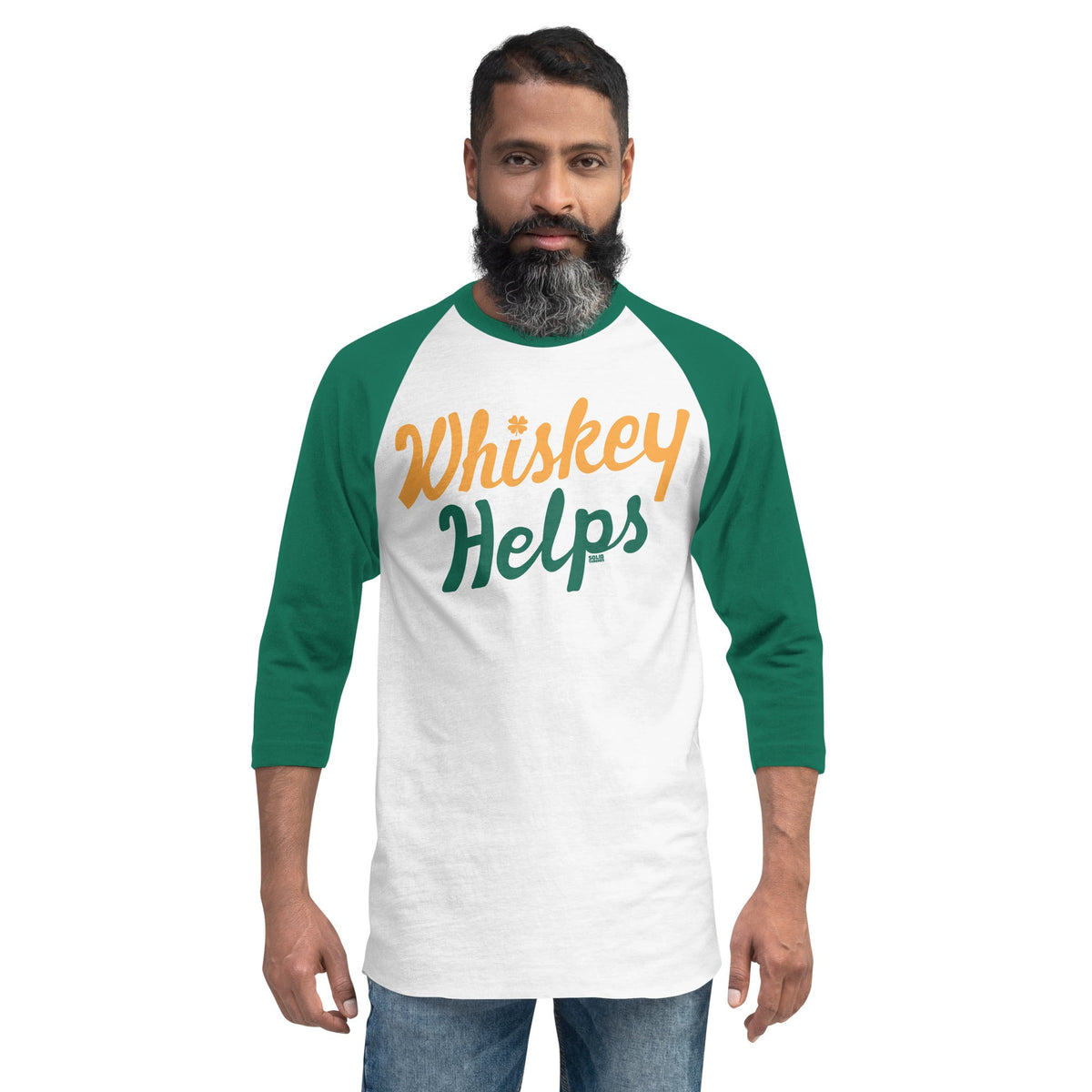  Irish Whiskey Helps Vintage Baseball Tee | Funny Drinking Raglan on Model | Solid Threads
