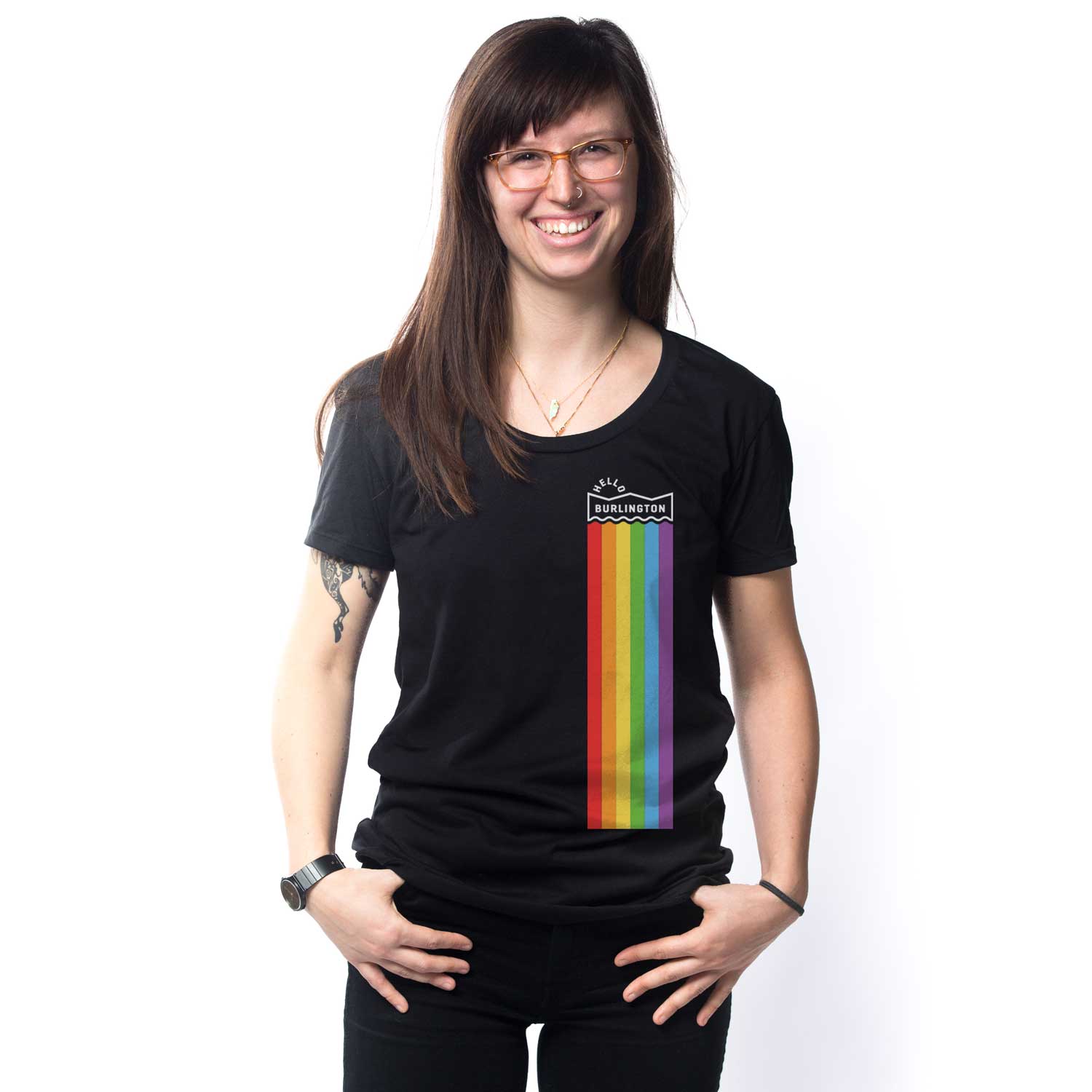 Women's Hello Burlington VT Pride Cool Graphic T-Shirt | Vintage LGBTQ Tee on Model | Solid Threads