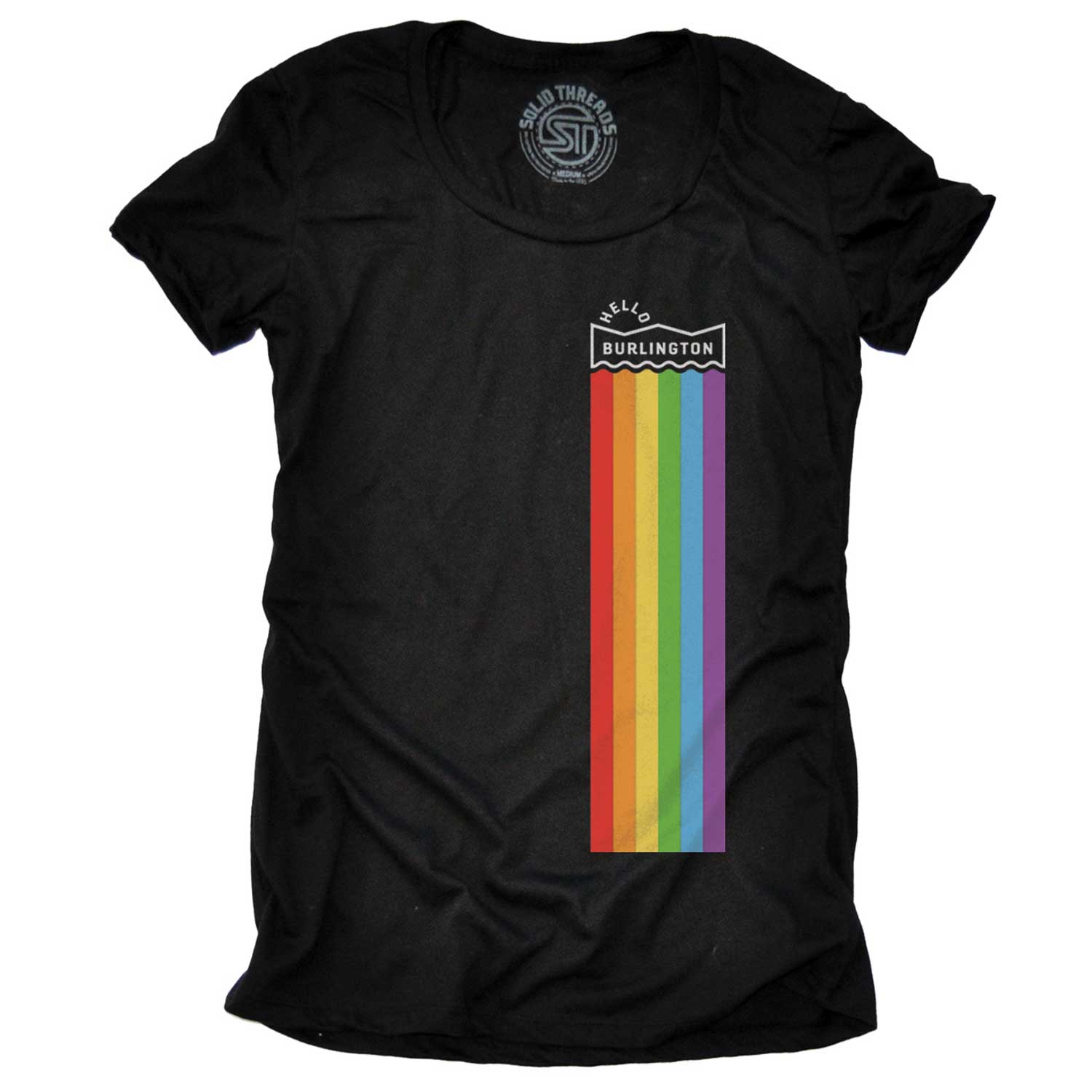 Women's Hello Burlington Vermont Pride Cool Graphic T-Shirt | Vintage LGBTQ Tee | Solid Threads