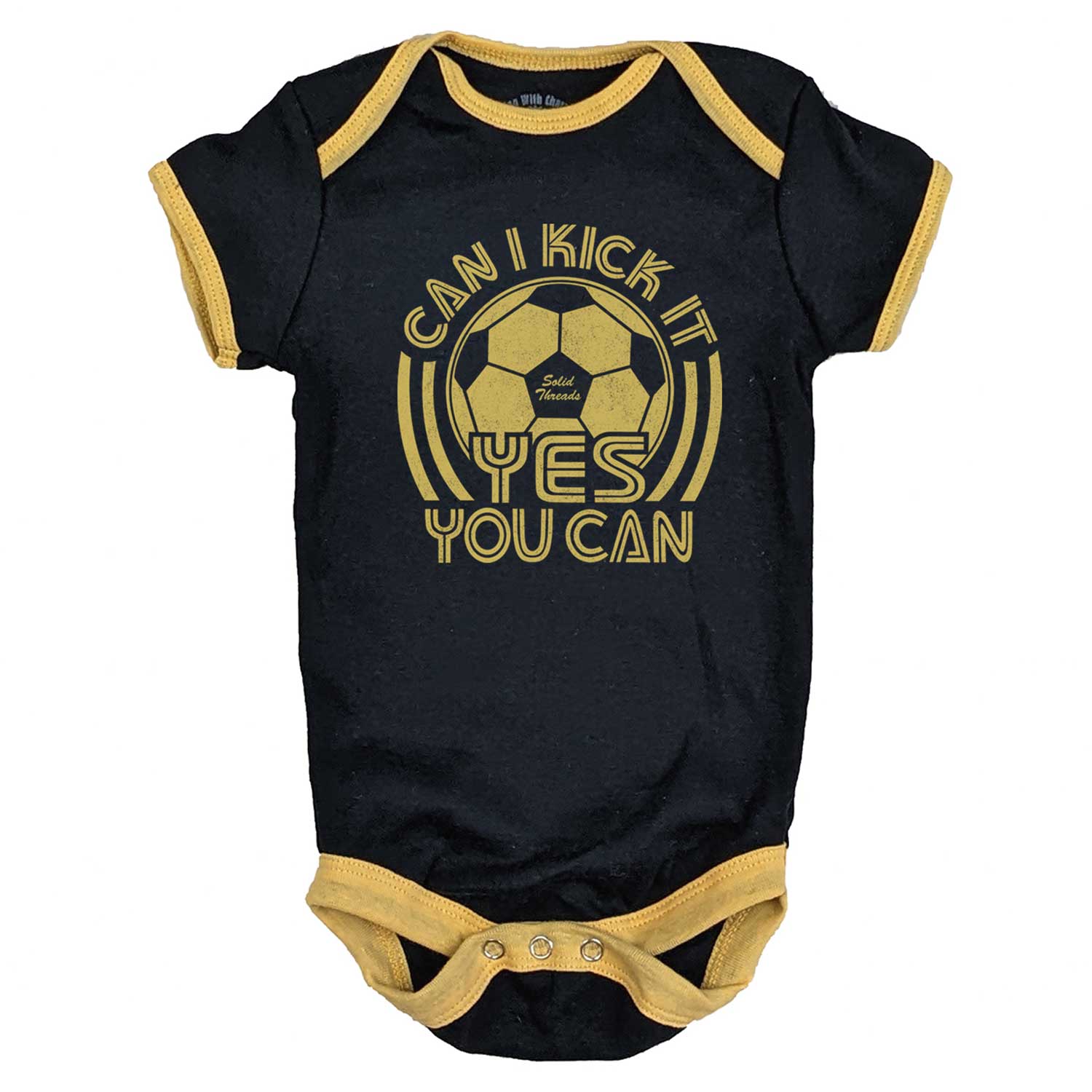 Baby Can I Kick It, Yes You Can Retro Sports Graphic One Piece | Funny Soccer Romper | Solid Threads