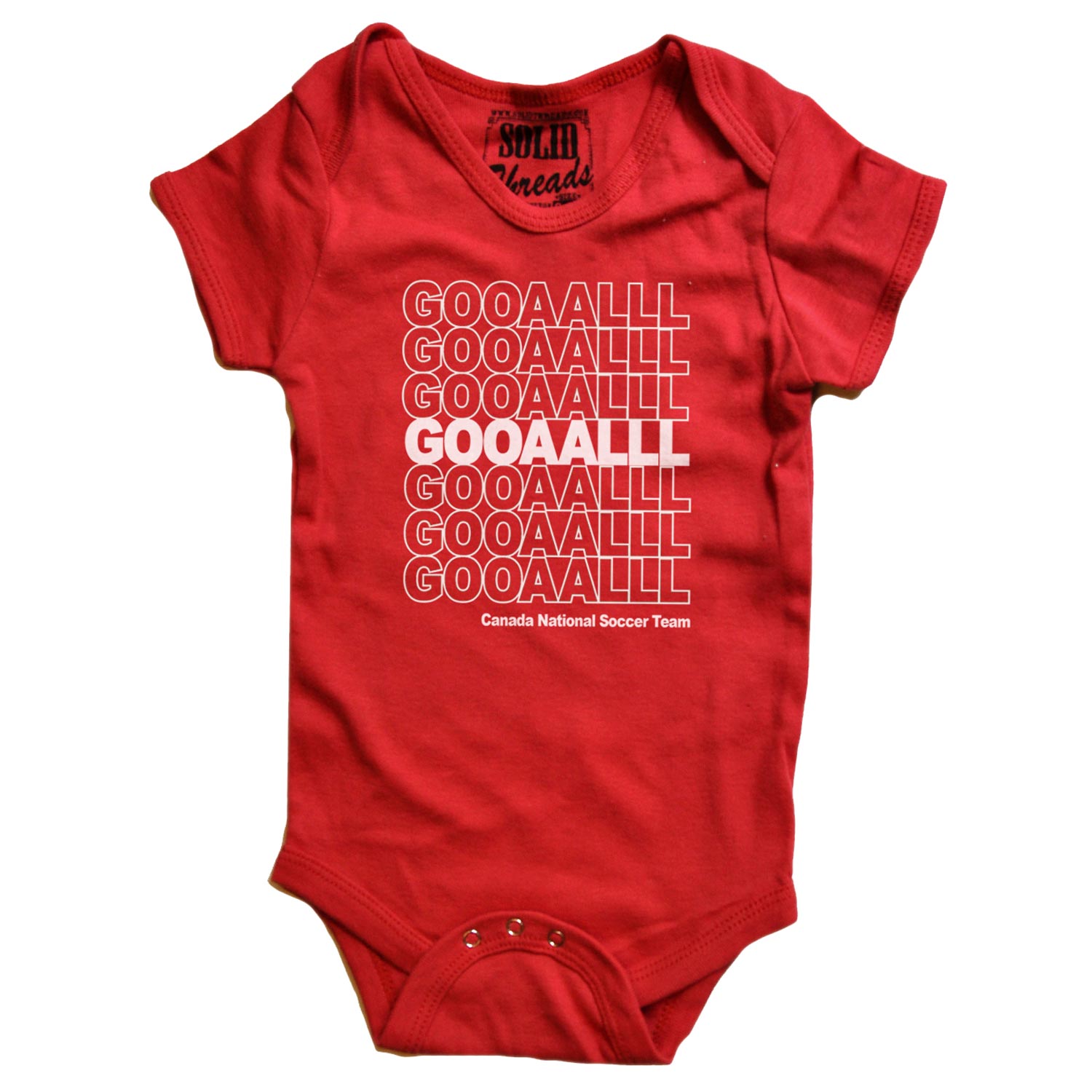 Baby Canada Soccer Gooaalll Cool Graphic One Piece | Retro FIFA World Cup Romper | Solid Threads